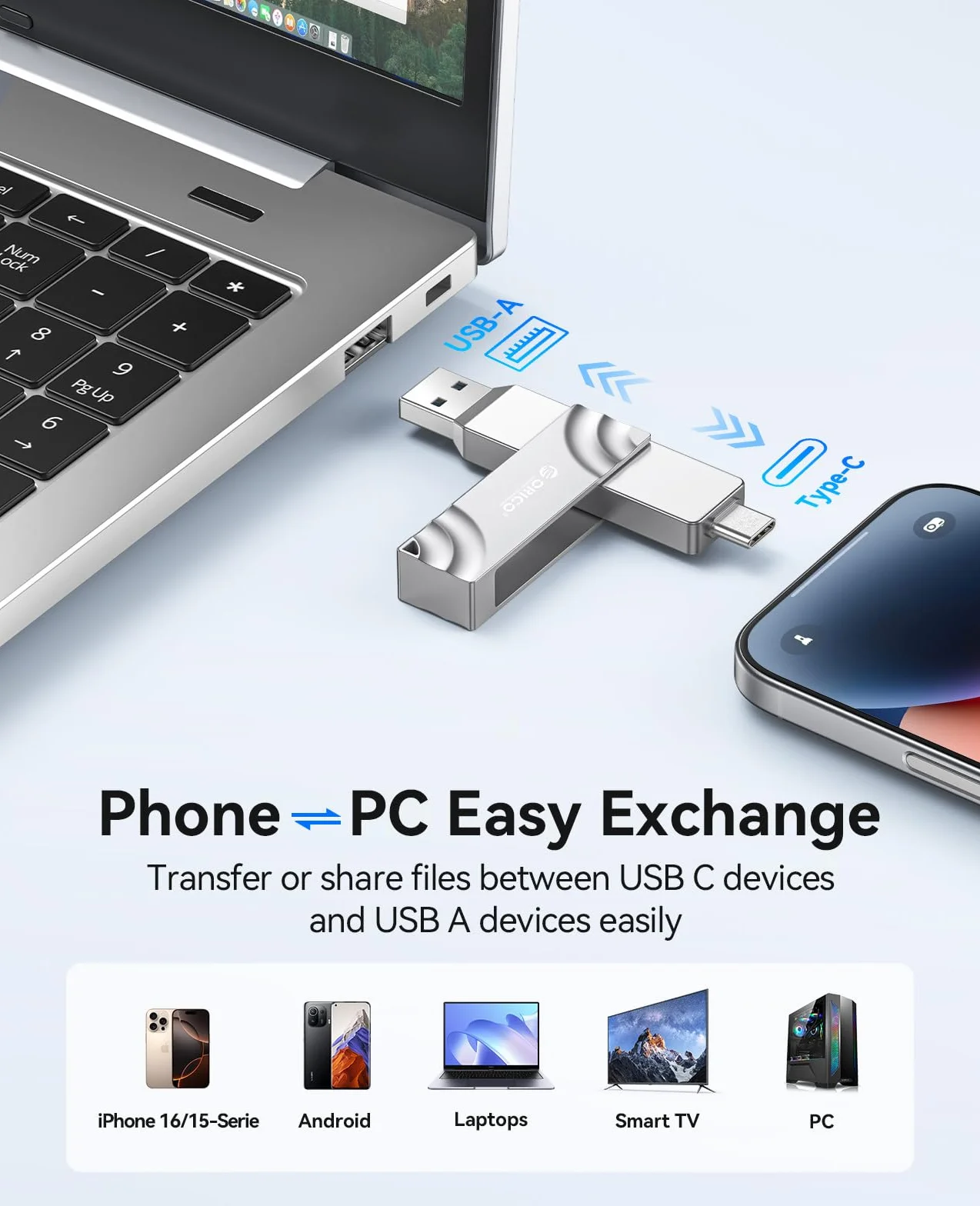 ORICO 512 GB zewnętrzny dysk SSD z USB-A i USB-C, odczyt do 1050 MB/s | Wysoka prędkość 1050 MB/s, kompatybilna z iPhone 17/16/15, Android, tabletem, PS4, Windows, MacOS, Plug and Play