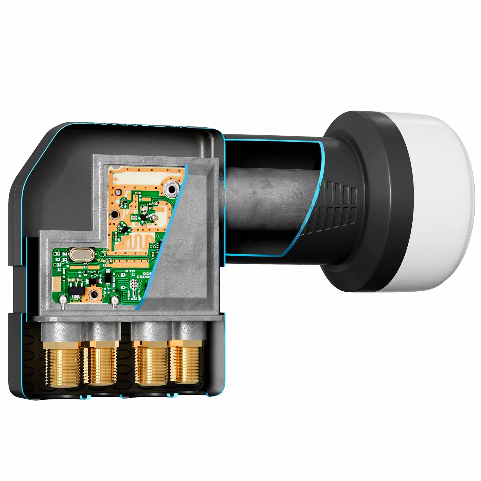 hb-digital Quattro LNB zastosowanie tylko do multiprzełącznika (test BARDZO DOBRY *) do multiprzełącznika Multiswitch LTE Protected Digital Sat Full HDTV 3D 4K UHD ochrona przed warunkami atmosferycznymi czarny + 4 x wtyk F