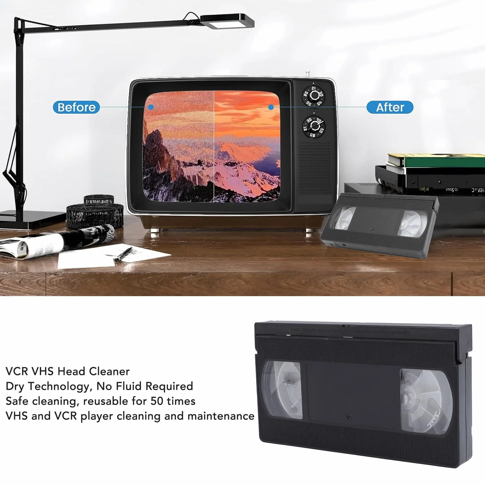 Zestaw do czyszczenia głowic magnetowidów VHS/VCR, Zestaw do czyszczenia głowic magnetowidów VHS, Technologia sucha bez konieczności stosowania płynów, czarna