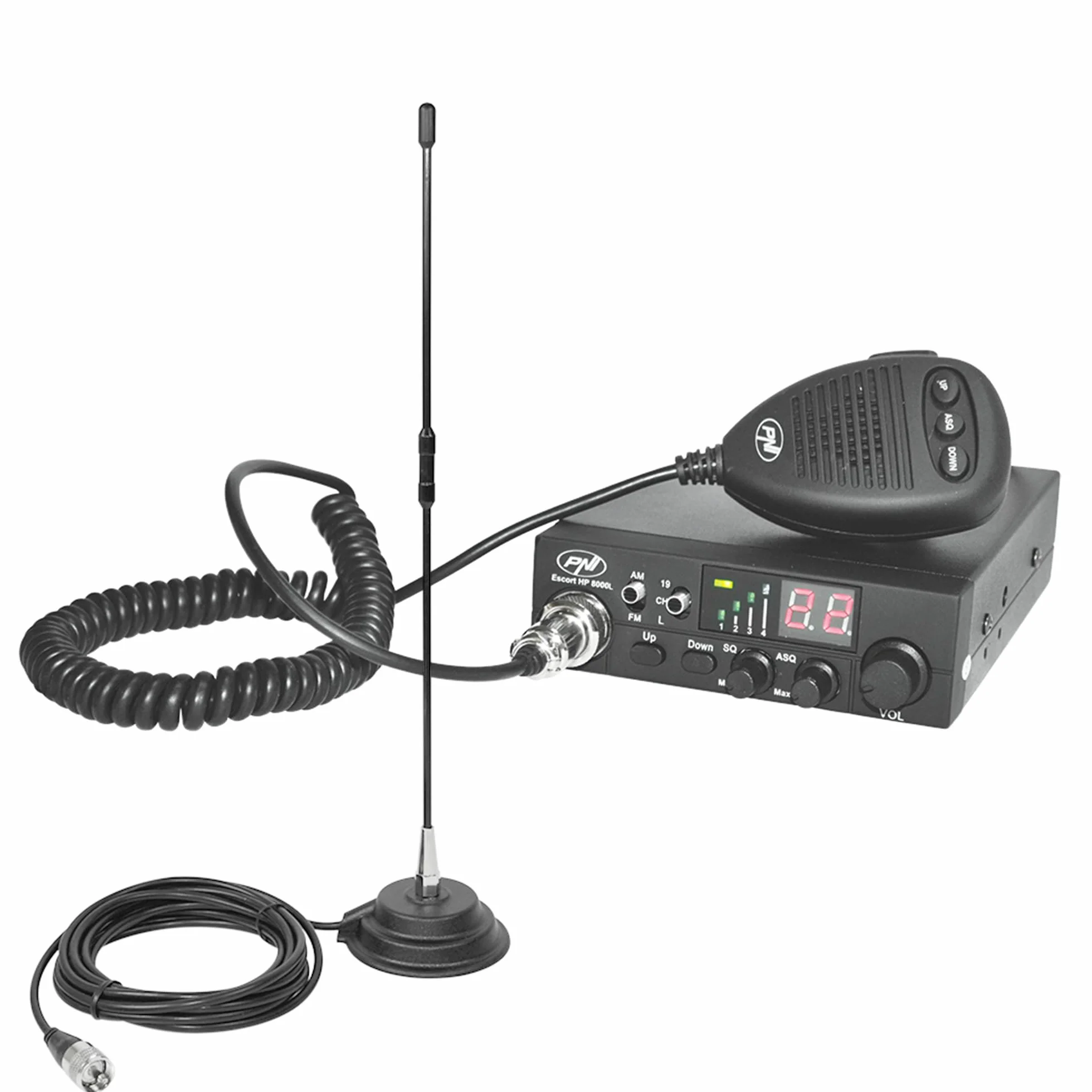 CB radio zestaw PNI ESCORT HP 8000L ASQ + antena CB PNI Extra 40 SWR 1.0, wysokość 44 cm, kabel RG58 i uchwyt magnetyczny w zestawie