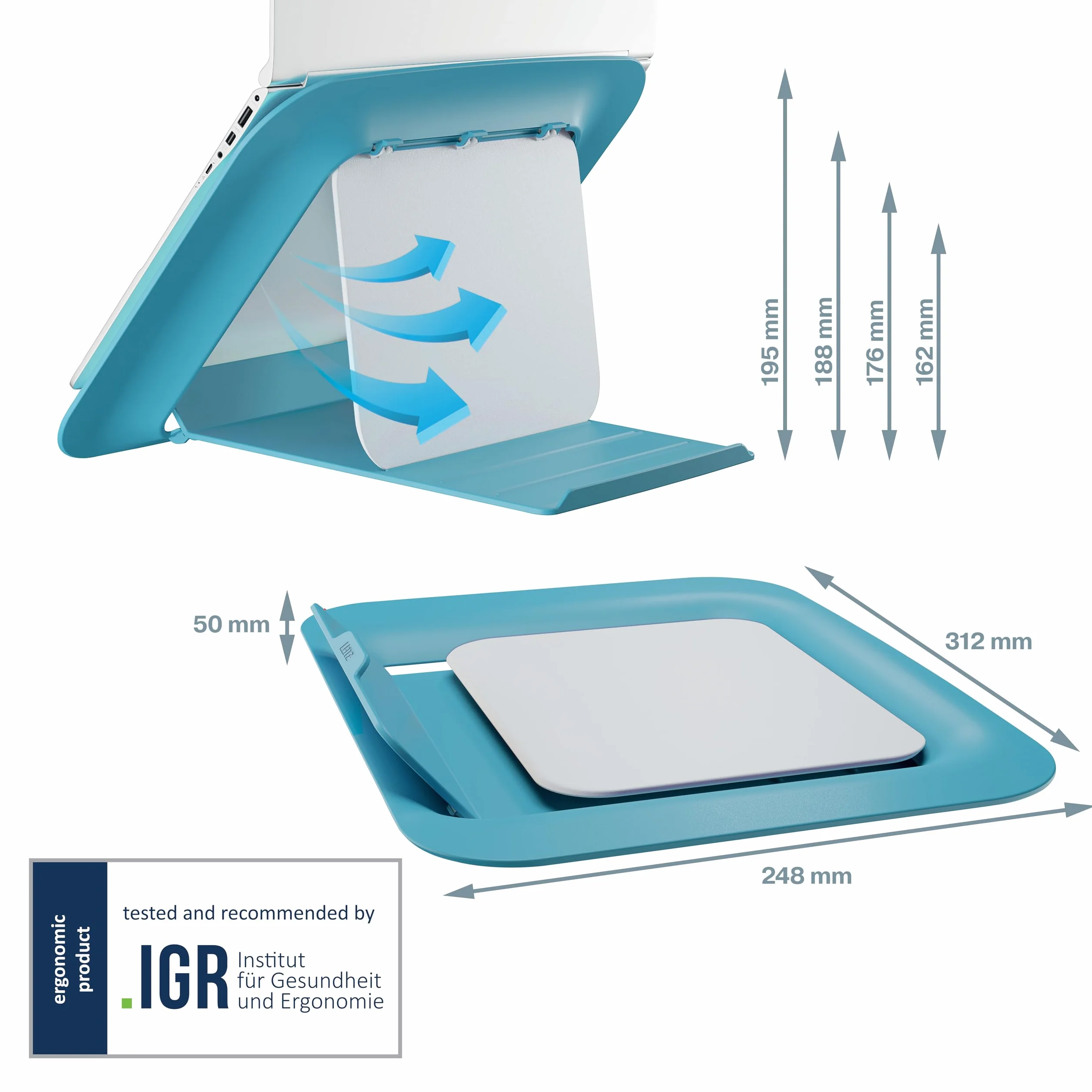 Leitz, Regulowana Podstawka pod Laptopa Leitz Ergo Cosy, na Stolik/Biurko, 4 Wysokości, Kolor Morski Niebieski (64260061)