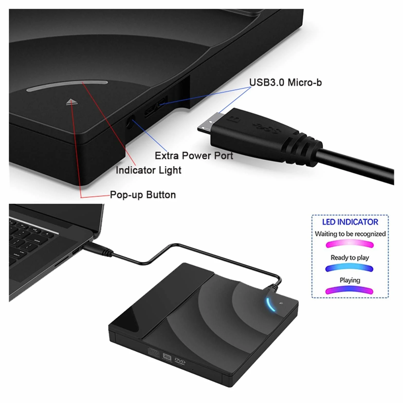 Przenośny odtwarzacz DVD, Przenośny szybki USB 3.0 CD DVD-RW Napęd optyczny Zewnętrzny czytnik dysków Slim Komputer stacjonarny Laptop Tablet Promocja Odtwarzacz DVD dla początkujących(Blauw)