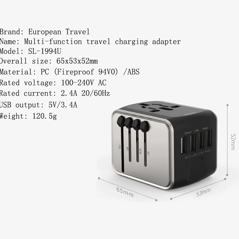 Na całym świecie adapter podróży, Adapter Travel Socket International, przenośne podróże Międzynarodowe Ładowanie Gniazdo Konwersji (Color : D, Rozmiar : 4USB(6.5 * 5.3 * 5.2cm))