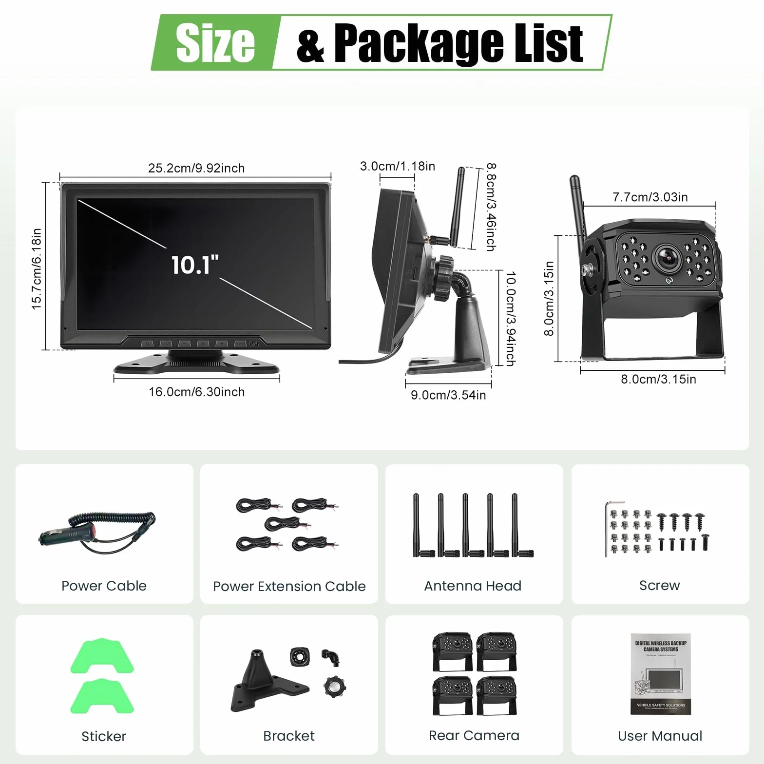 Cyfrowa bezprzewodowa kamera cofania, 4 kamery, monitor cofania 10,1 cala, IPS HD z dzielonym ekranem z funkcją nagrywania, noktowizor DVR i IP68, wodoszczelna przyczepa, ciężarówka, samochód