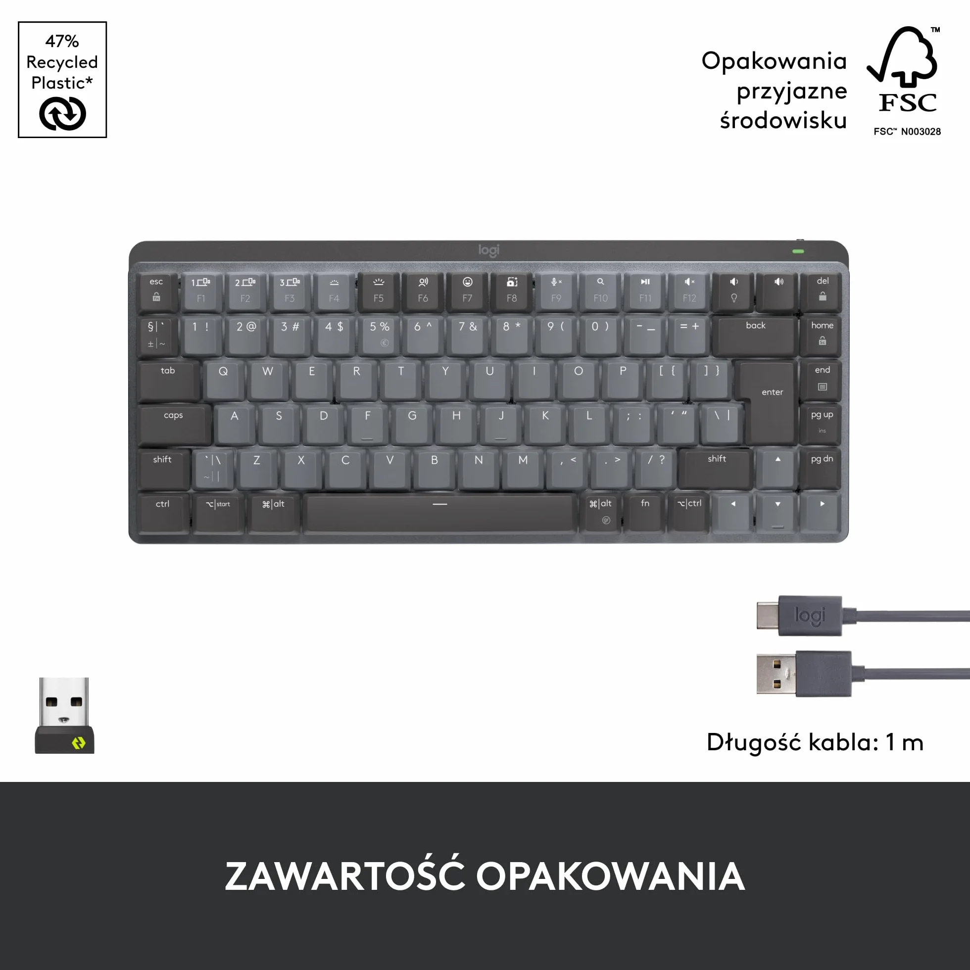 Logitech MX Mechanical Bezprzewodowa Klawiatura Mini podświetlana klawisze Tactile Quiet, Bluetooth, USB-C, macOS, Windows, Linux, iOS, Android, Metal, QWERTY układ US international - Szary