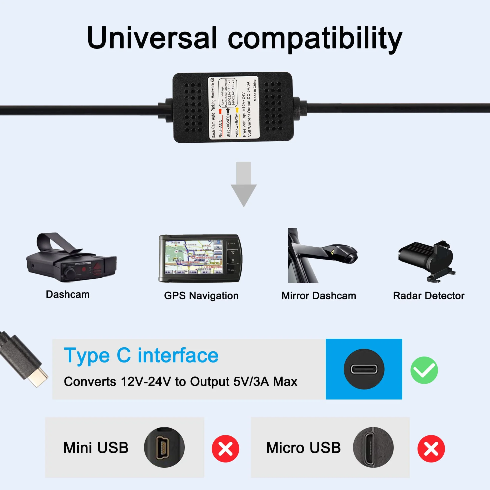 MEIRIYFA Zestaw kamery samochodowej ACC Hardwire, USB typu C Hardwire Dashcam Kit Step-Down kabel, 12 V-24 V do DC 5 V 3 A przewód zasilający ładowarki samochodowej - 3,5 m