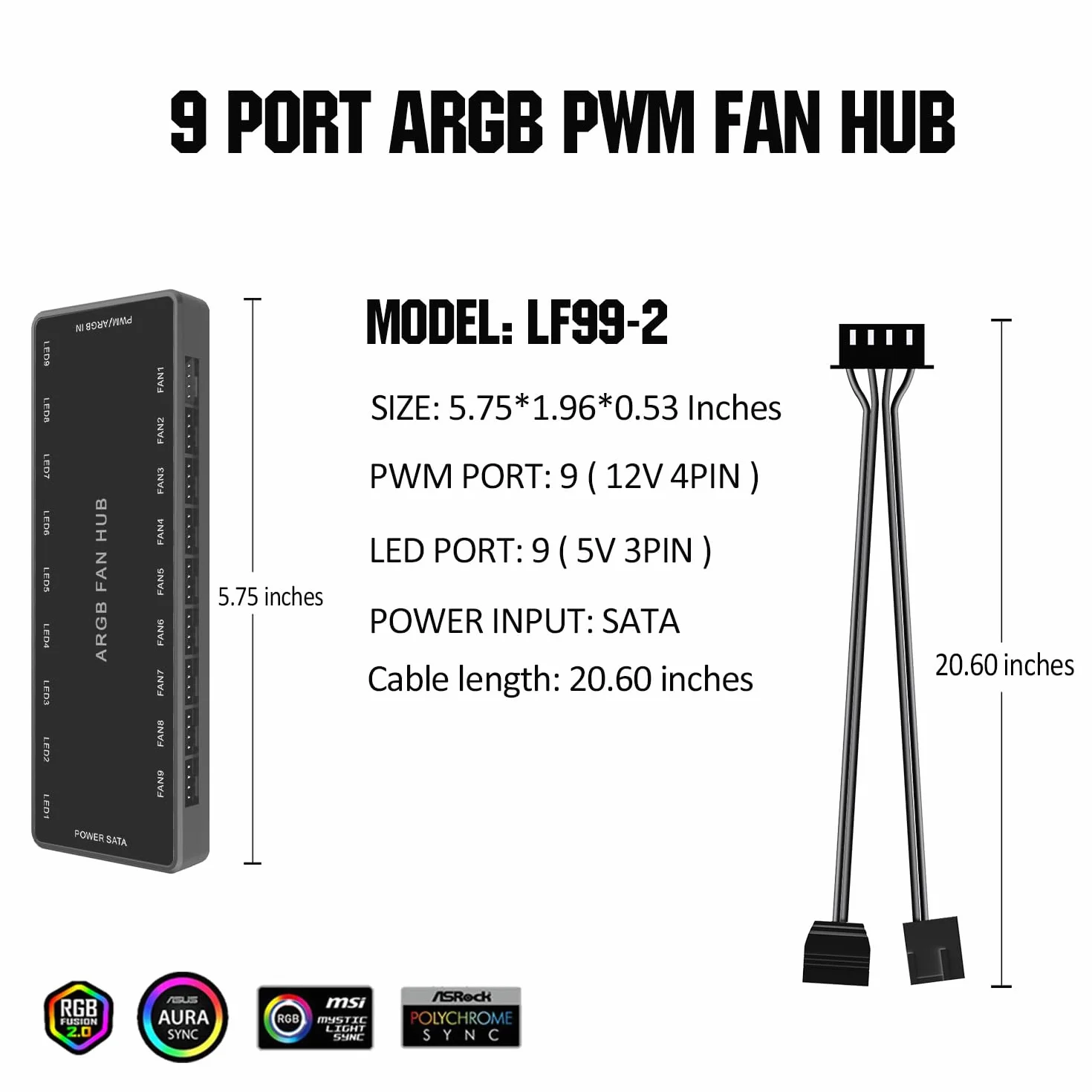 ARGB PWM koncentrator wentylatora, adresowalny 5V-3PIN ARGB 12V 4PIN PWM obudowa 2-w-1 RGB Hub zasilania SATA, 9 portów wentylatora i 9 portów LED, obsługa koncentratora wentylatora PC 9 komputerów