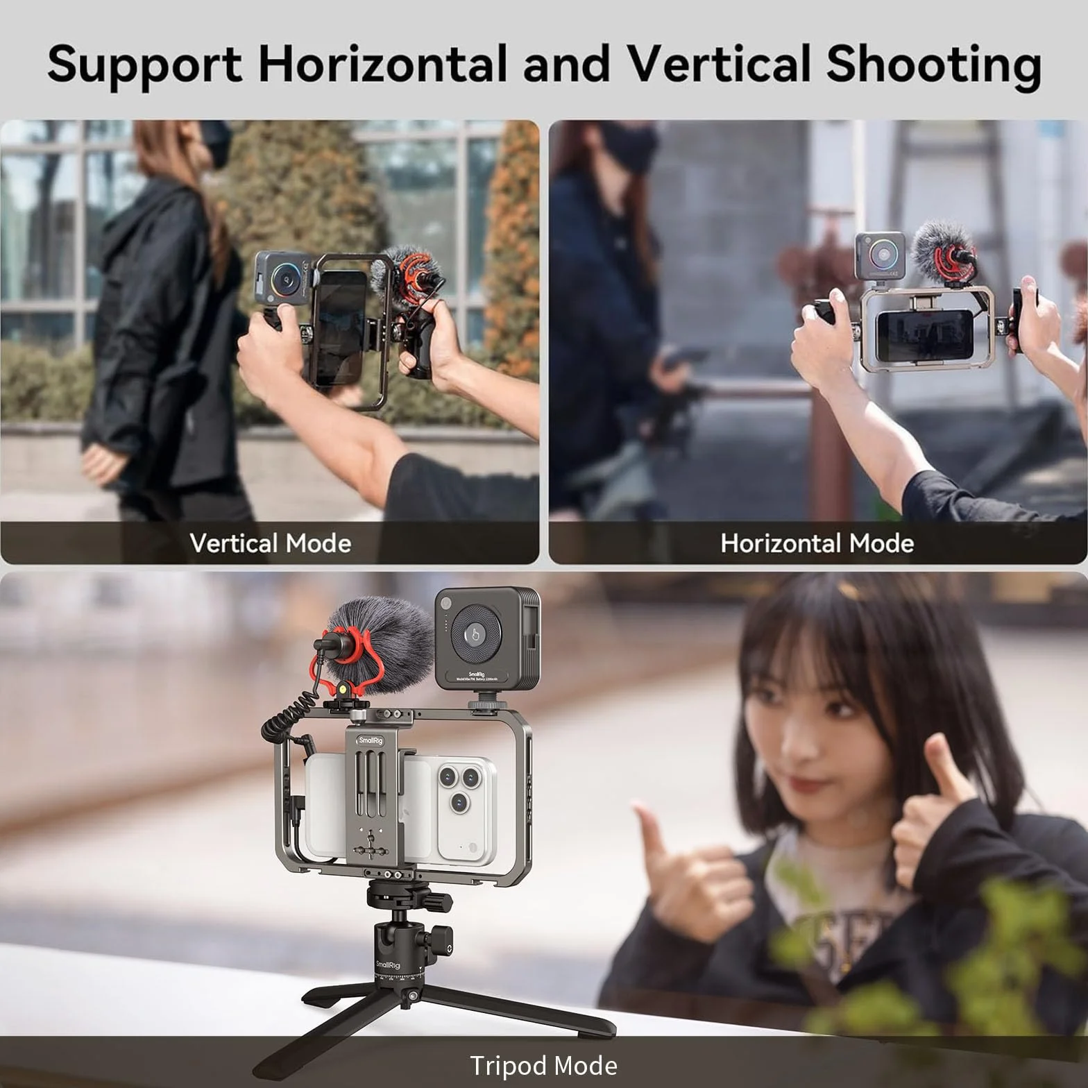 SMALLRIG Uniwersalny zestaw wideo do telefonu iPhone, smartfonów i aparatów, stabilizator telefonu ze statywem, mikrofonem, lampką LED, uchwytem bocznym i power bankiem - 3384C