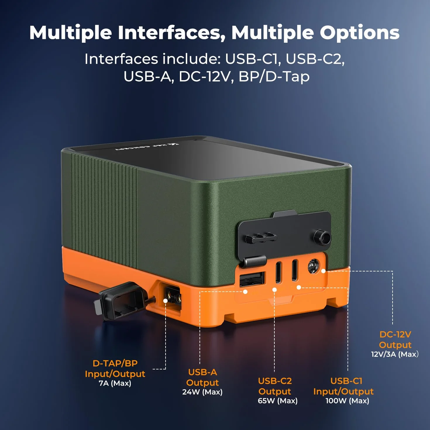 K&F CONCEPT Bateria V 99 Wh z mocowaniem typu V, 100 W, szybkie ładowanie PD, 14,8 V/6700 mAh Mini V Lock z DC/D-Tap, podwójny USB-C / USB-A/ekran TFT do aparatu, kamery wideo, monitora (pomarańczowy)