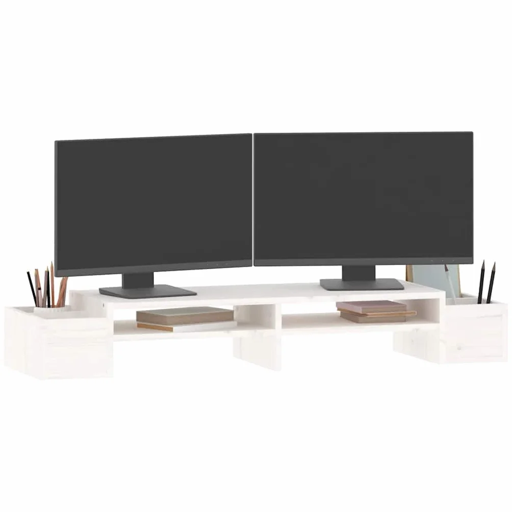 Hothingwell Stojak na monitor z litego drewna sosnowego, biały, 100 x 27,5 x 15 cm, podwyższacz ekranu z 4 bocznymi przegródkami do przechowywania na klawiaturę i akcesoria, stabilna rama redukująca