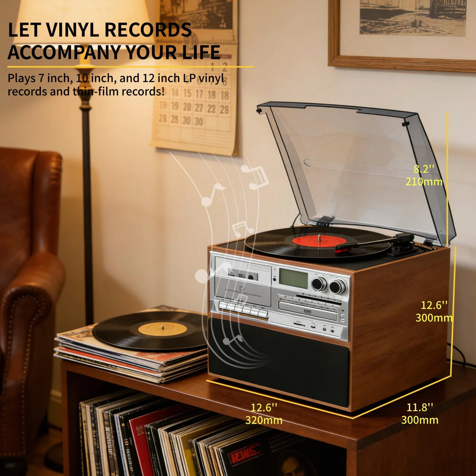 Gramofon i centrum multimedialne, 3-biegowy gramofon z wbudowanym odtwarzaczem CD i kasetowym, radio FM, bezprzewodowe przesyłanie muzyki, do domowej rozrywki w stylu vintage