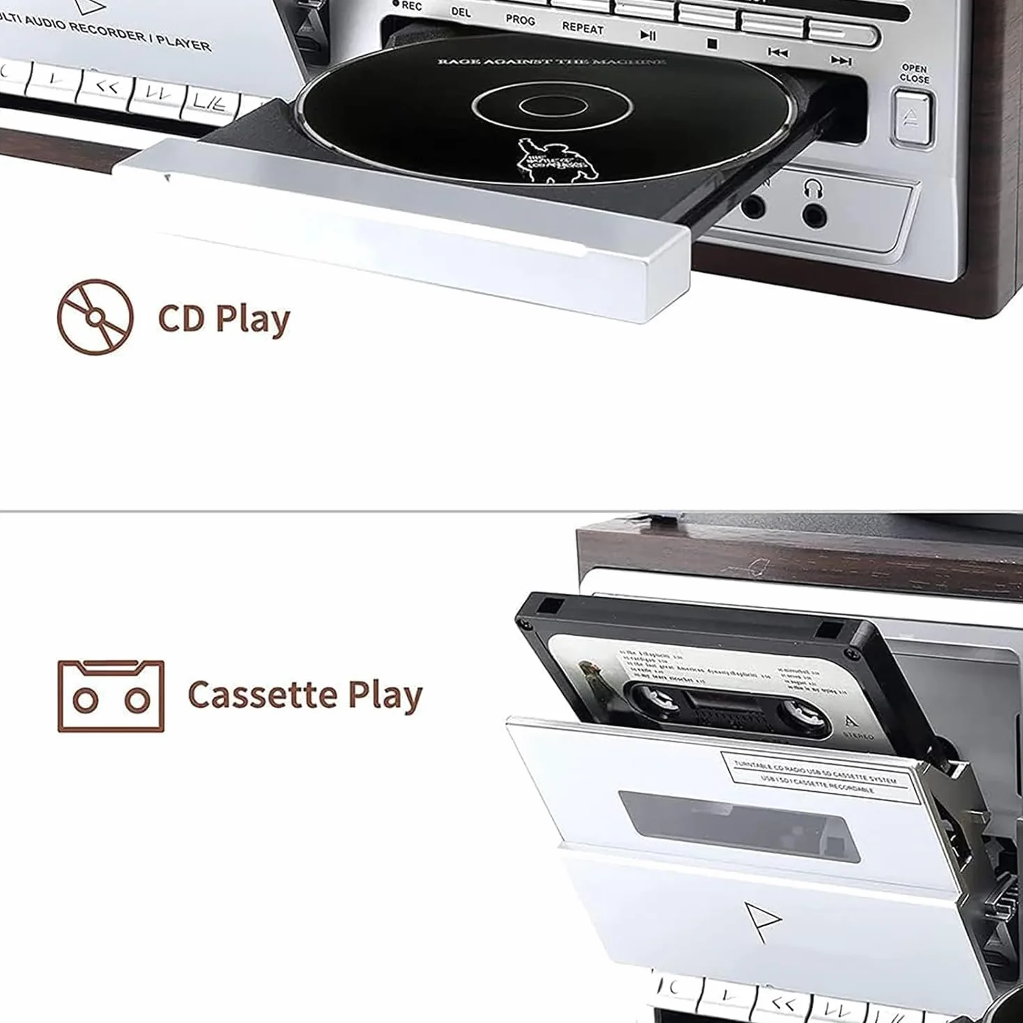 Odtwarzacz płyt winylowych i magnetofon kasetowy z Bluetooth, radiem FM, wbudowanymi głośnikami, USB, odtwarzaczem CD, 3-biegowym gramofonem vintage, osłona przeciwpyłowa