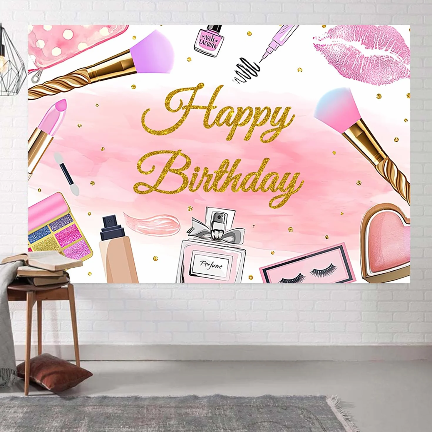 Spa 'Happy Birthday' tło dla dziewcząt różowe kosmetyki tło fotograficzne urodziny makijaż impreza tematyczna słodkie 16. materiały dekoracyjne rekwizyty do fotobudki
