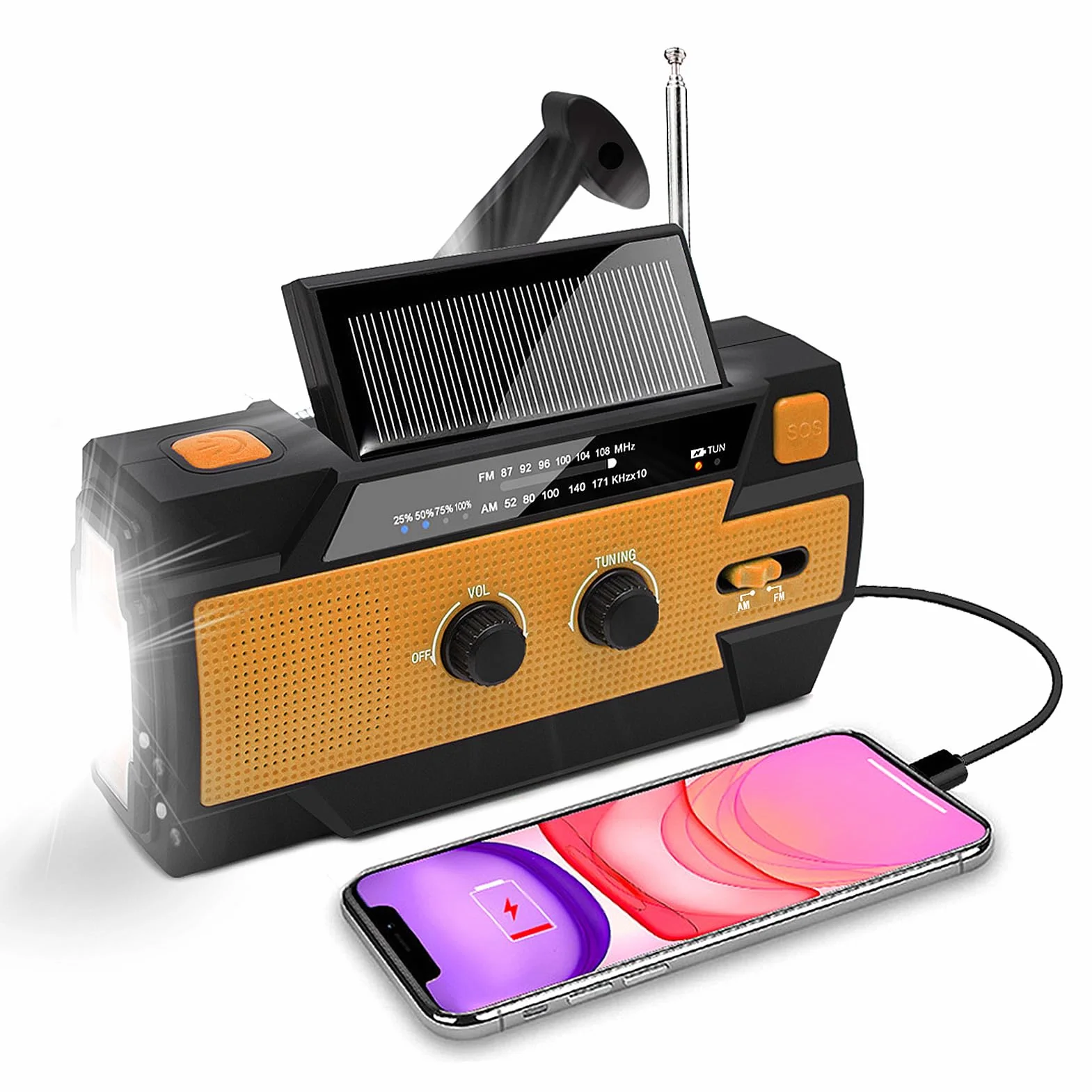 Nigecue Radio solarne, przenośne radio z korbą, dynamo z AM/FM, wbudowana bateria 4000 mAh, 4 tryby pracy, latarka LED, lampka do czytania z czujnikiem ruchu, alarm SOS w nagłych wypadkach