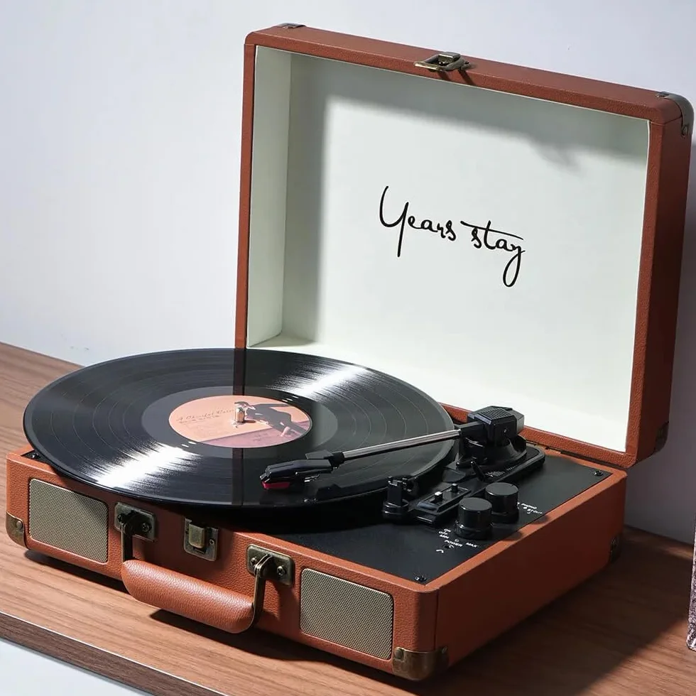 Odtwarzacz płyt Bluetooth z głośnikami, konwersja winylu na MP3, łączność USB, dźwięk stereo, idealny dla entuzjastów domowego audio i muzyki
