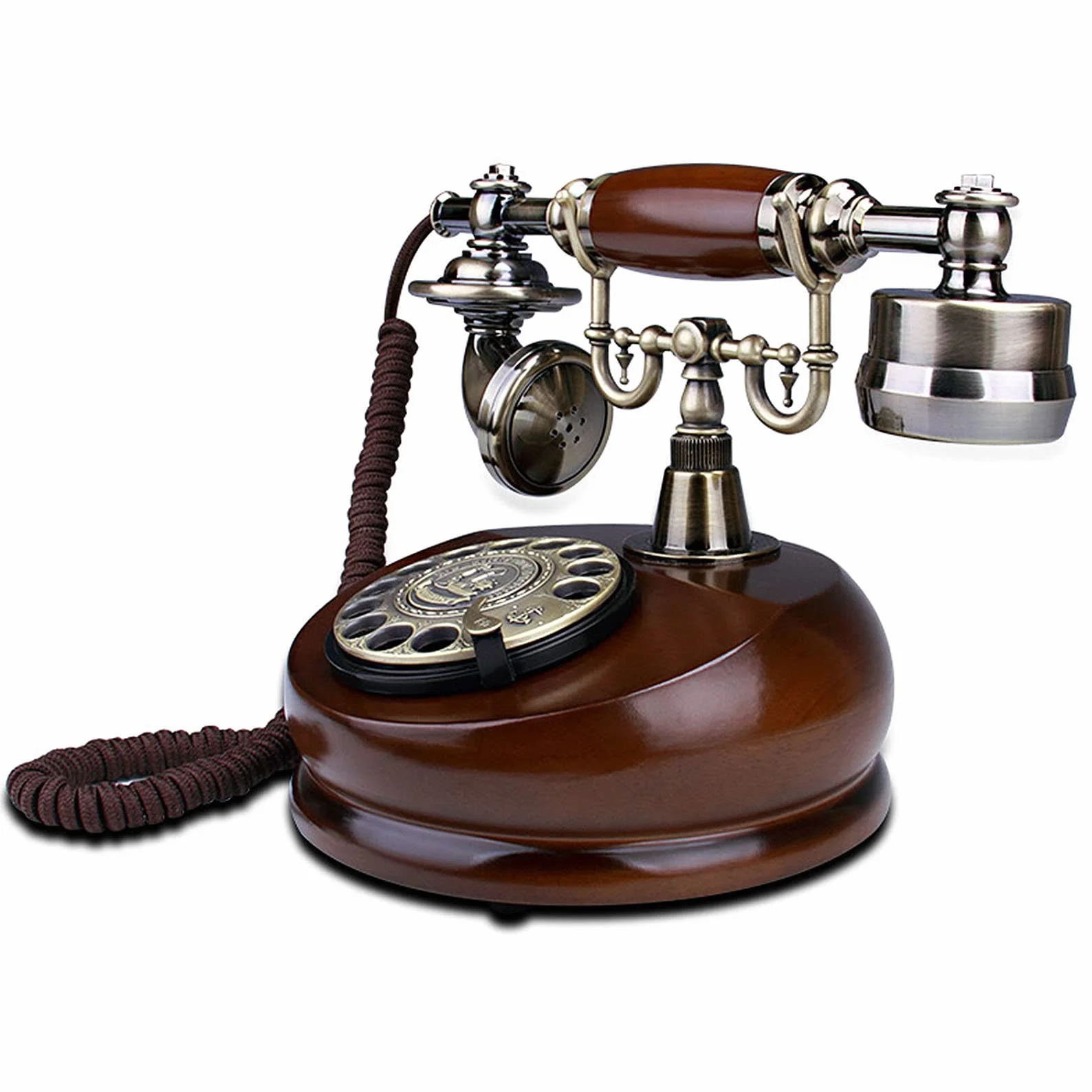 Telefon przewodowy, retro telefon stacjonarny telefon przewodowy z obrotową tarczą, Vintage telefon stacjonarny do domu/biura, uchwyt z litego drewna