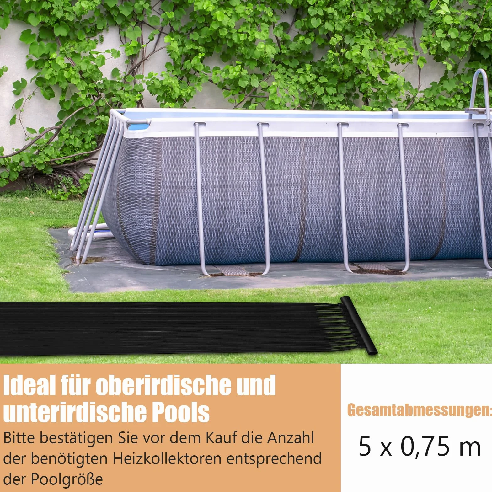 COSTWAY Kolektor solarny ogrzewanie basenu, 500 x 75 cm, ogrzewanie solarne z tworzywa sztucznego odpornego na promieniowanie UV, ogrzewanie basenowe do 21500 l, czarny