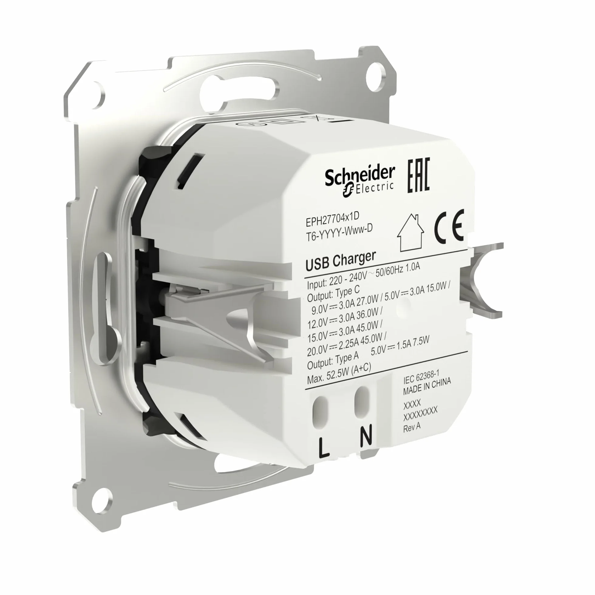 Schneider Electric Asfora EPH2770421D podtynkowa stacja ładująca USB typ A+C 45 W, gniazdko, zaciski wtykowe