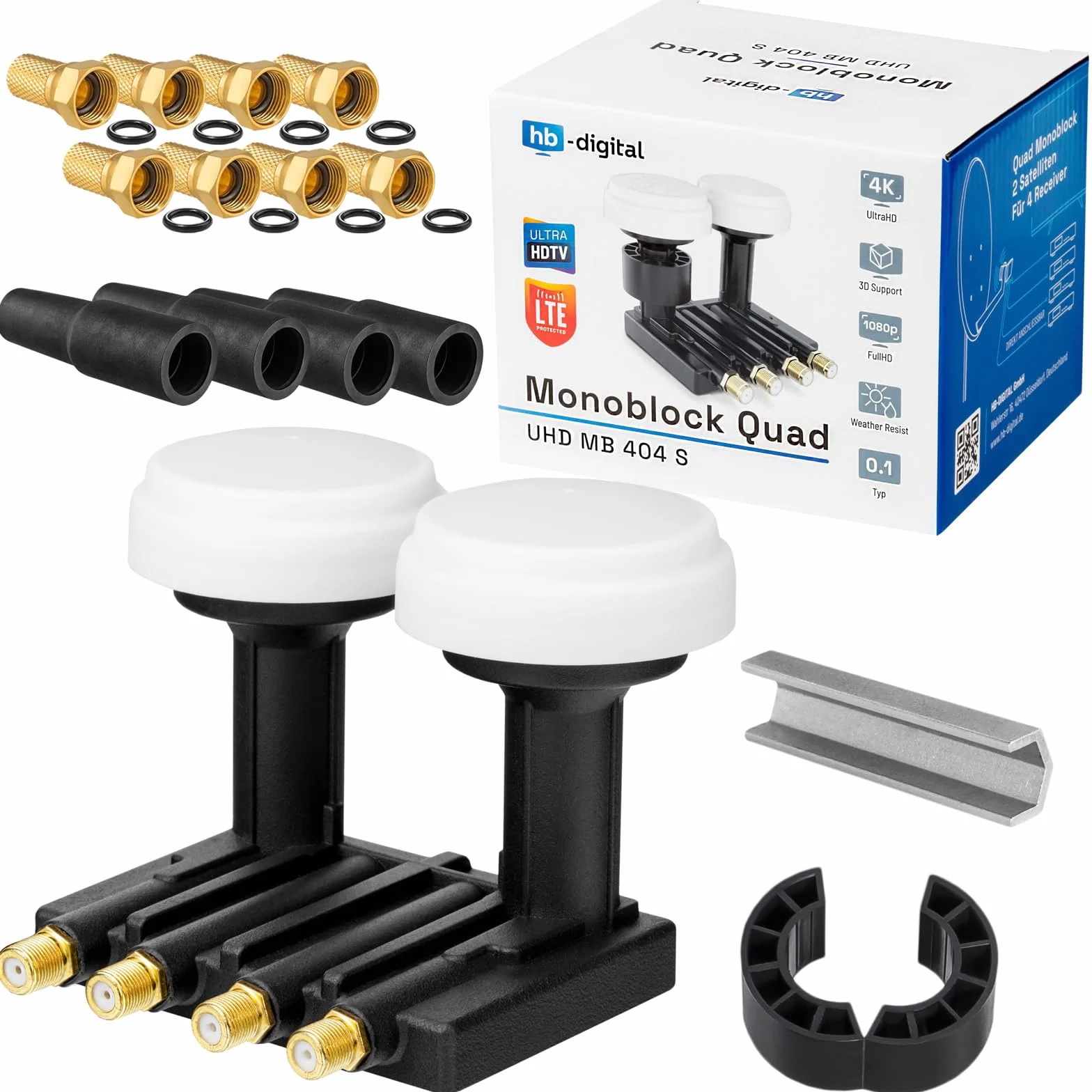hb-digital Monoblock Quad LNB UHD MB 404 S LNC dla 4 uczestników/odbiornika Direkt 2 satelity Astra 19,2° Hotbird 13° Full HD TV 3D 4K + 8 x wtyk F pozłacany + 2 x gumowe tulejki + 1 x klucz montażowy