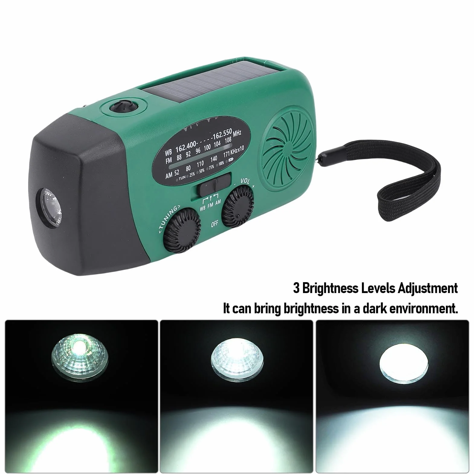 Radio Awaryjne z korbką ręczną Zasilane energią słoneczną, Radio z korbką ręczną i latarką LED do zastosowań Awaryjnych z ładowarką do Telefonu Power Bank o Pojemności 2000 MAh, (GREEN)