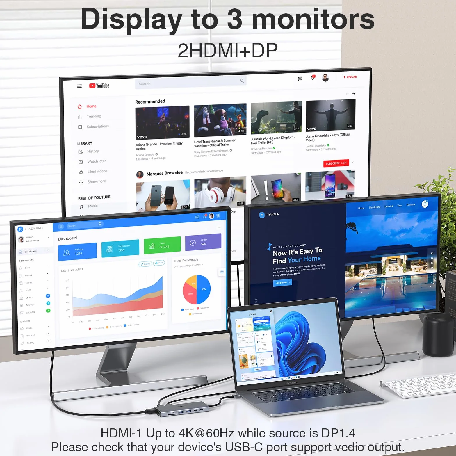 Stacja dokująca USB C, 3 monitory, koncentrator USB C, laptop, podwójny monitor, wieloportowy adapter dokujący, USB C na 2 HDMI, 4K DisplayPort, ładowanie PD, Ethernet, 7 portów USB C/A, SD/TF, audio