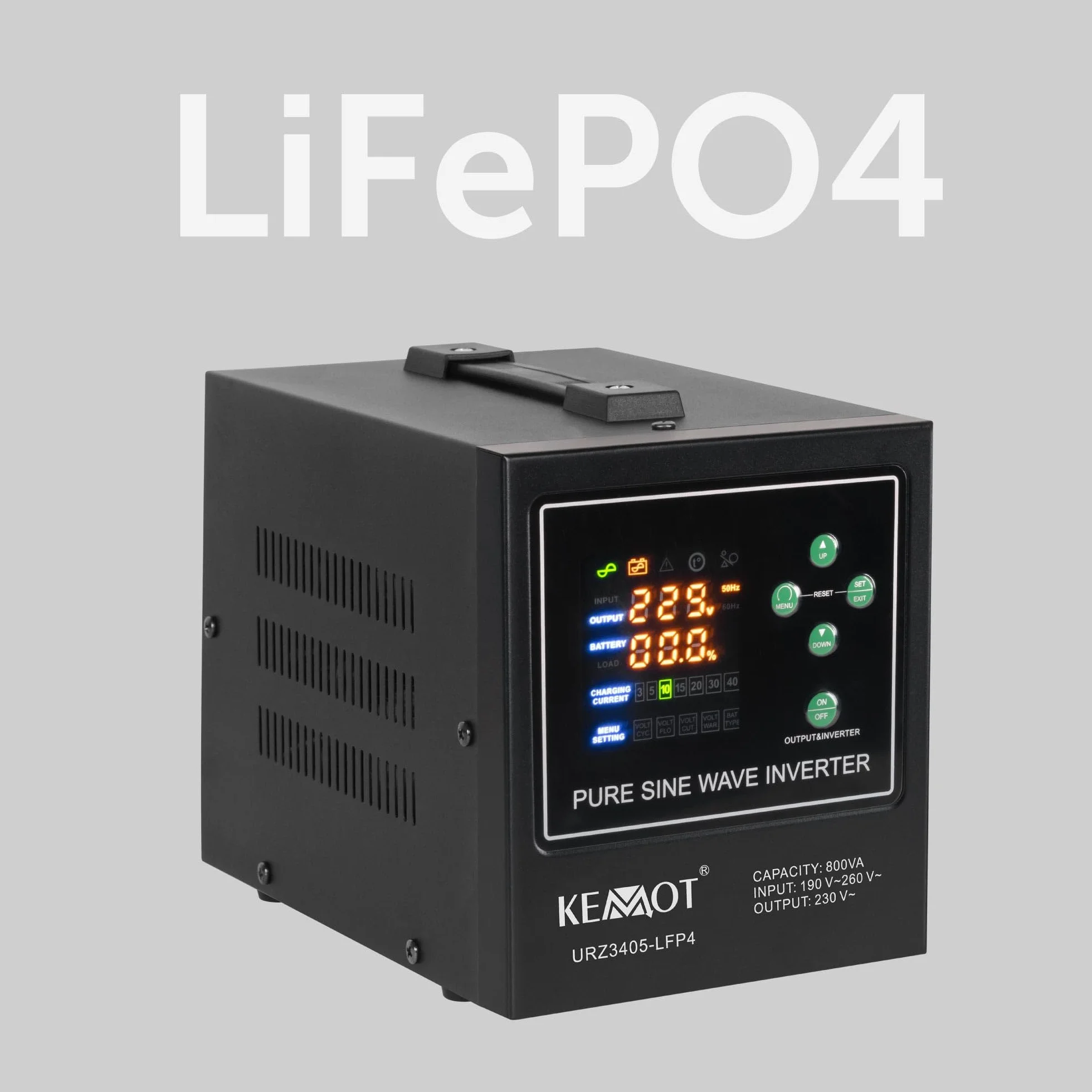 KEMOT Zasilacz Awaryjny PROsinus-800-LFP4 Przetwornica z Czystym Przebiegiem Sinusoidalnym i Funkcją Ładowania 12V 230V 800VA/500W
