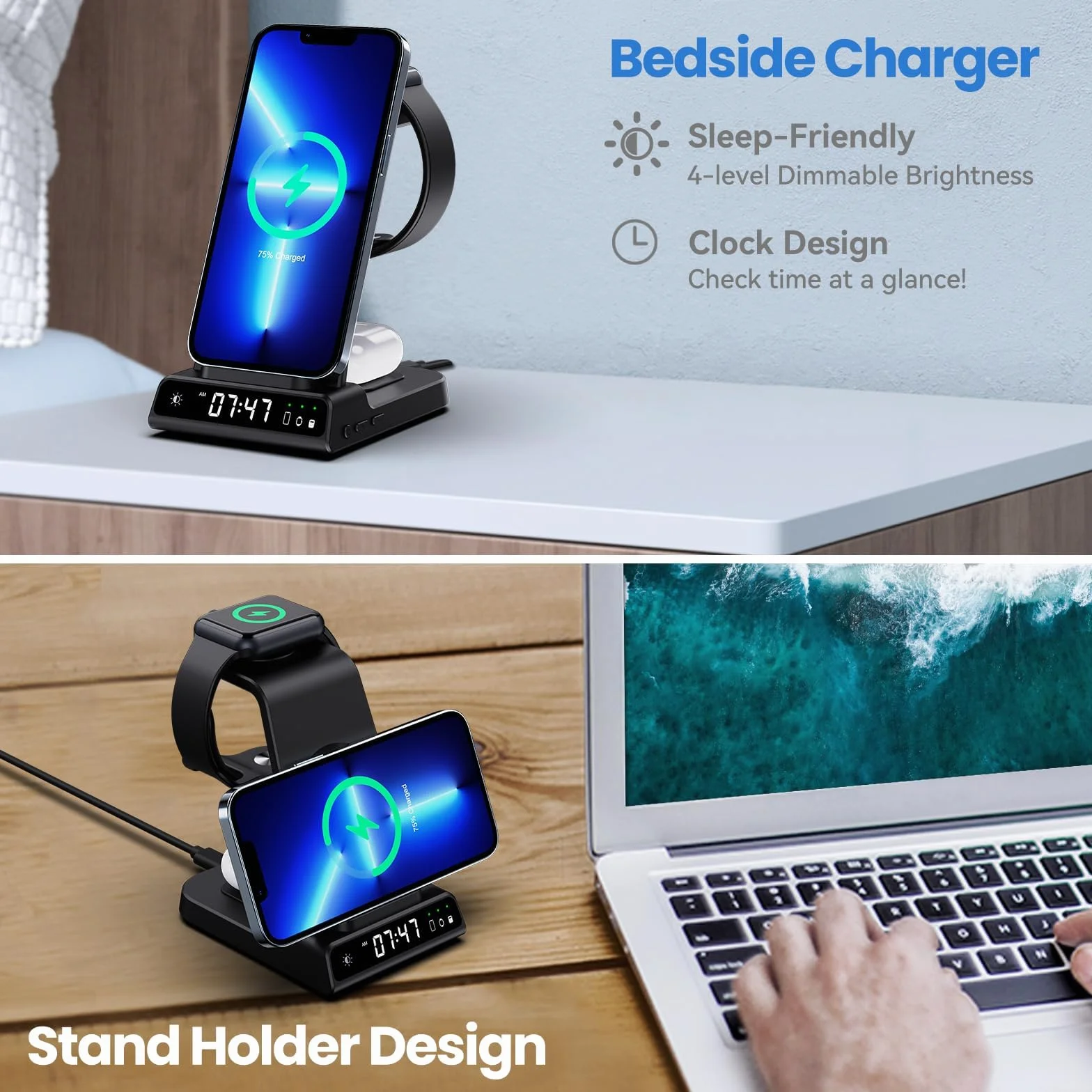 Stacja ładująca 3 w 1, Apple Watch i iPhone z zegarem cyfrowym, 18 W, szybka bezprzewodowa stacja ładująca do iPhone 15 Pro Max, indukcyjna stacja ładująca do Air pods Pro 2, Apple Watch stacja