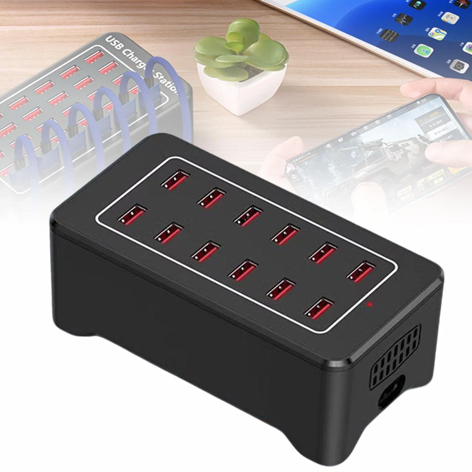 12-portowa stacja ładująca USB 2,4 A, szybkie ładowanie 2,5 h, inteligentna ładowarka biurkowa, chłodzenie, łatwe przenoszenie