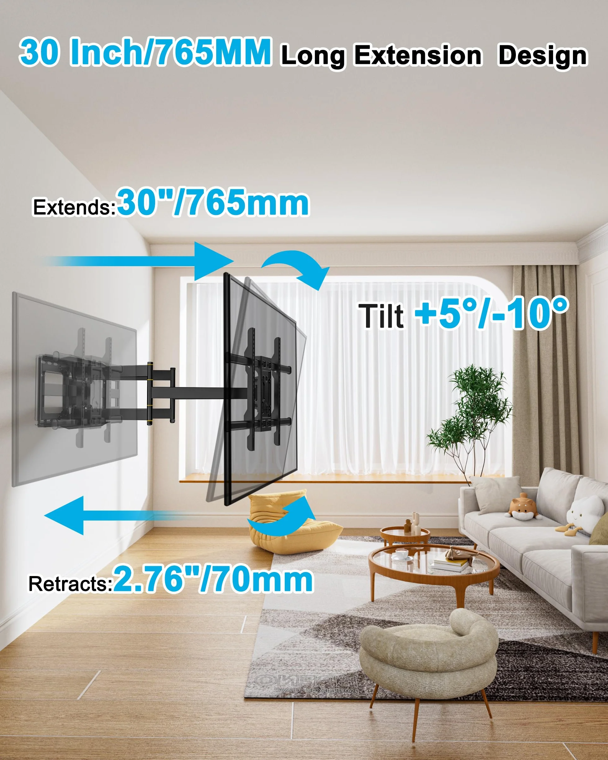 FORGING MOUNT Uchwyt ścienny do telewizora o długości 765 mm do większości telewizorów LED LCD o przekątnej 37–86 cali, wytrzymałe, solidne podwójne ramię, pełne ruchy, uchylny i obrotowy uchwyt do telewizora, uchwyt ścienny, obciążenie 75 kg, VESA 600 x