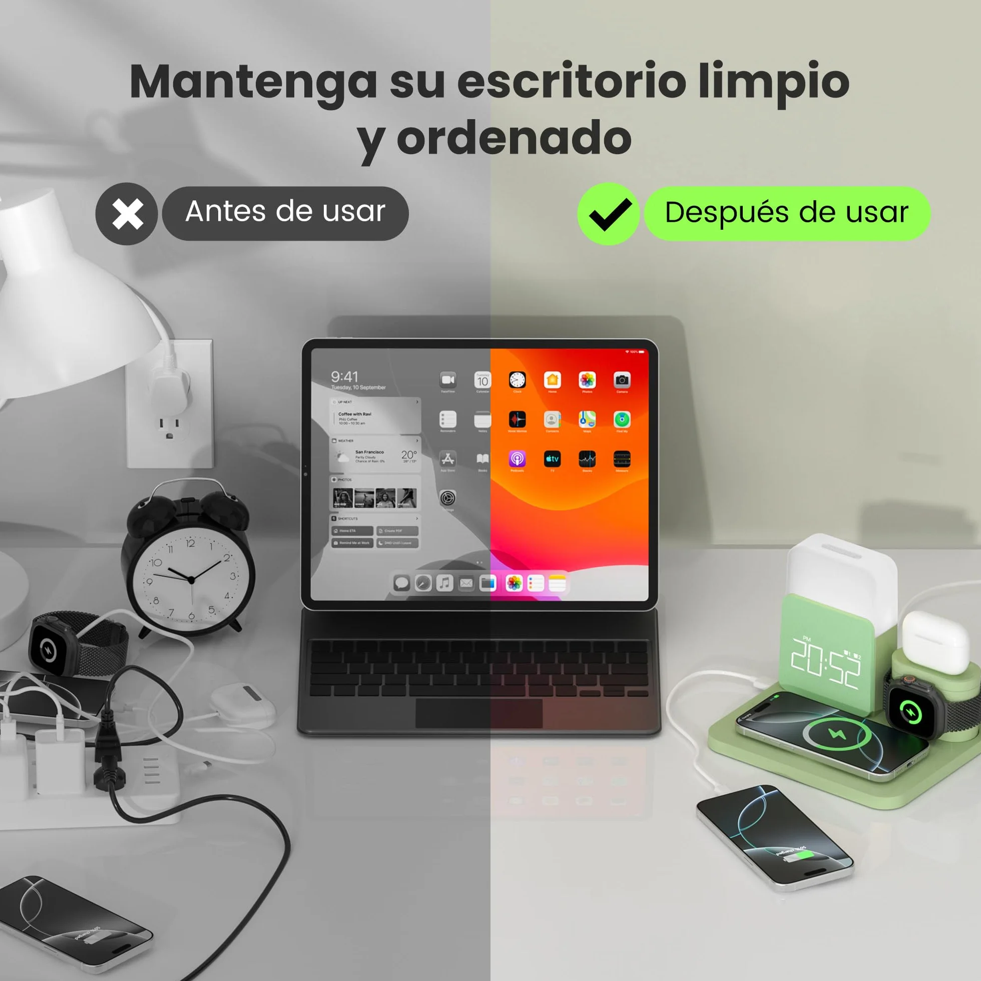 COLSUR Stacja ładująca 3 w 1 do Apple Watch iPhone Airpods, 15 W, szybka bezprzewodowa ładowarka do iPhone 17/16/15/14/13, lampka nocna z funkcją ładowania, budzik ze stacją ładującą, akcesoria do