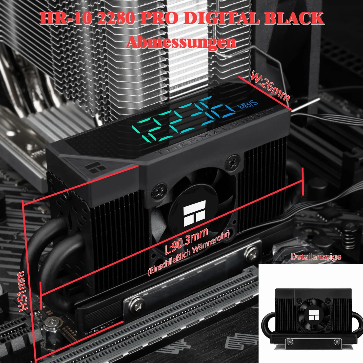 Thermalright HR10 2280 PRO Digital Black - wysokowydajny korpus dysku twardego AGHP Heatpipe 4 x 5 mm, wyświetlacz ARGB, chłodzenie małych wentylatorów, chłodzenie radiatorów SSD