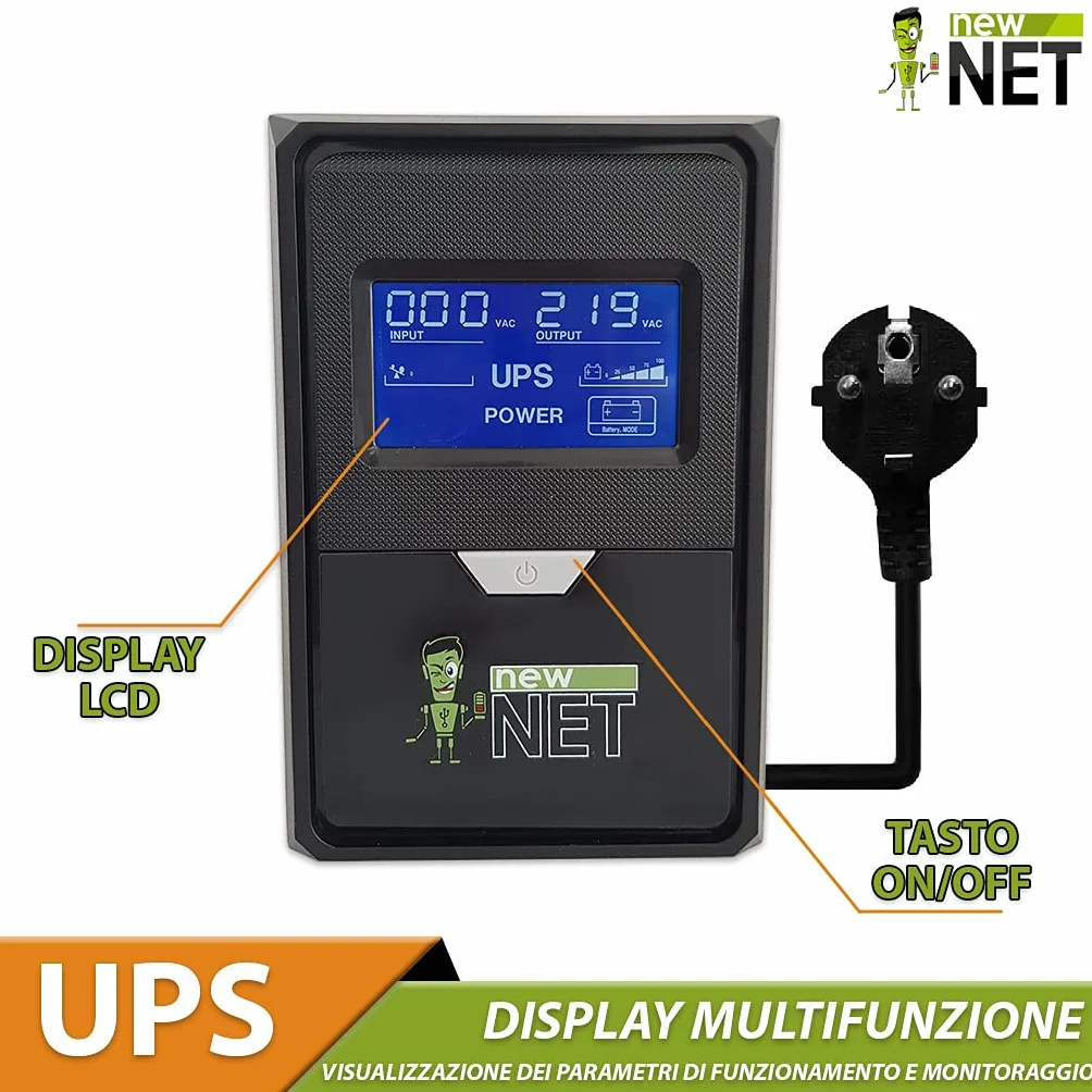 new net ® ups/Stabilizator prądu i napięcia dla PC Monitor DVR kamery światłowodowe router alarm modem z wyświetlaczem [ 1200 VA - 700 W - 3 gniazda Schuko ]