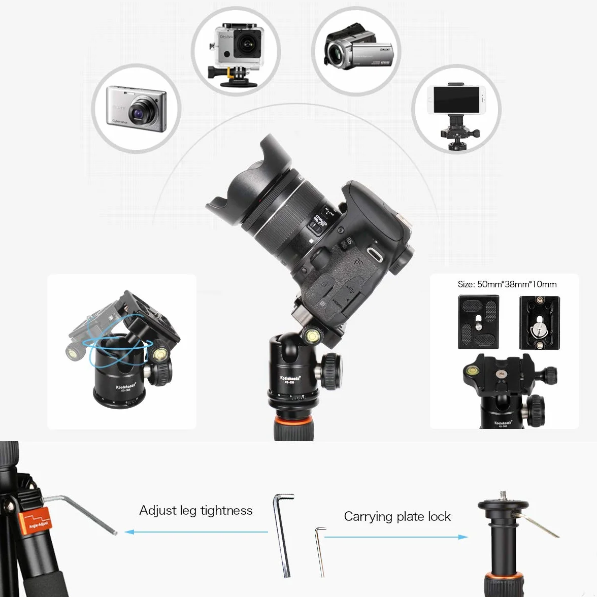 Koolehaoda Mini statyw do kamery podróżnej 55 cm z głowicą kulową 360°, aluminiowe kompaktowe statywy biurkowe do kamery DSLR, obciążenie do 10 kg