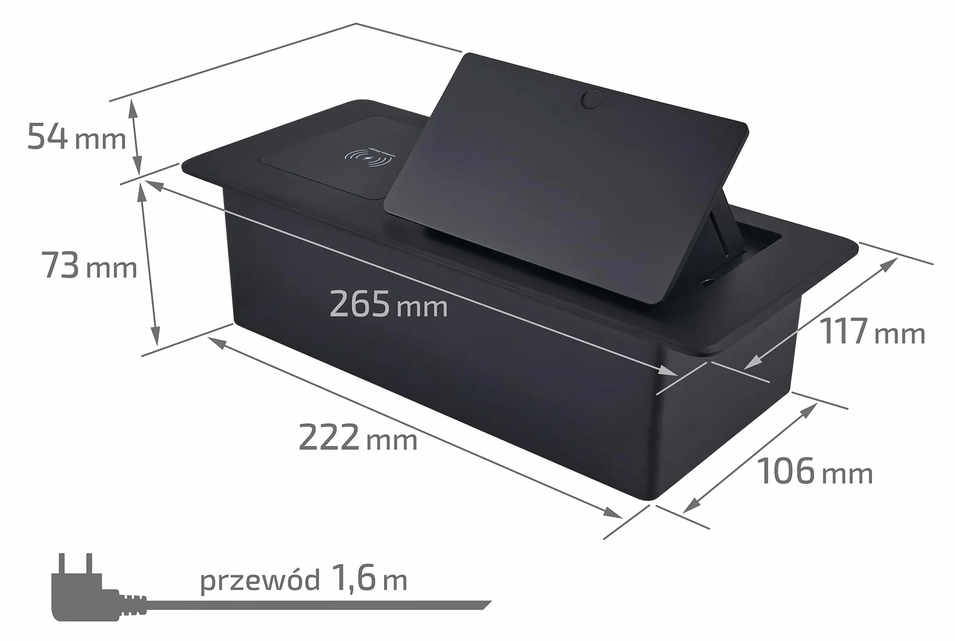 Listwa Zasilająca Wpuszczana W Blat Multibox VII – 2x Gniazdo 230V, USB-A, USB-C – Ładowarka Indukcyjna Qi – Czarny Mat – Gniazdo Nablatowe Do Kuchni I Biura