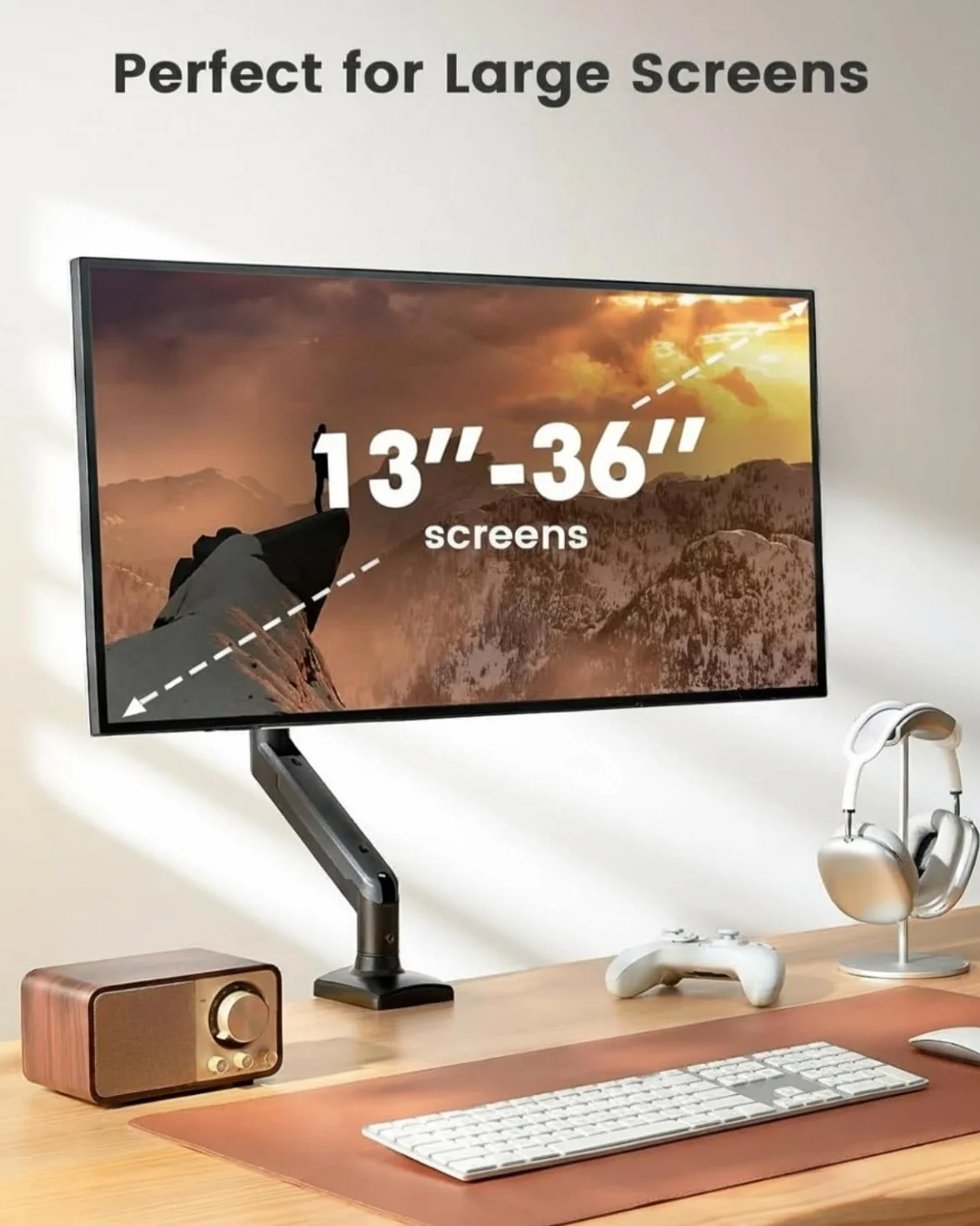 ErGear Uchwyt biurkowy z pojedynczym ramieniem monitora, do ekranów 13-34 cali, stojak na monitor z regulacją wysokości, z nachyleniem, obrotowym, zaciskiem C i podstawą przelotkową, VESA 75 i 100 mm,
