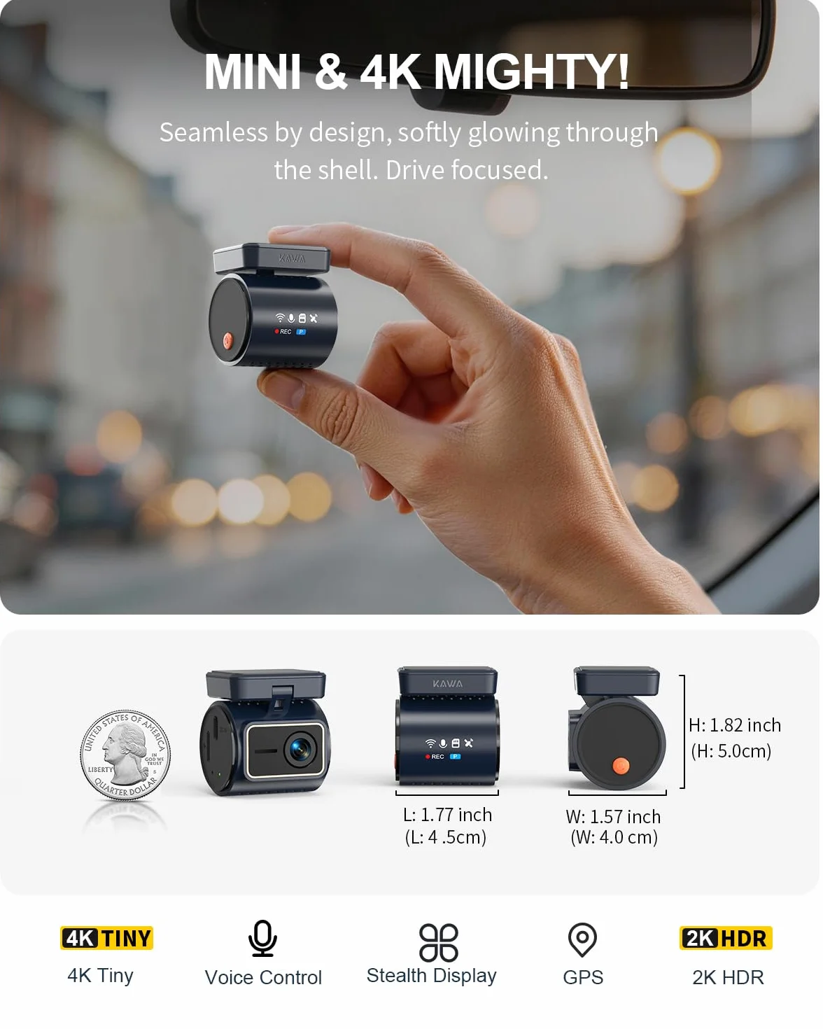 KAWA 4K Mini Kamera Samochodowa z Ukrytym Wyświetlaczem, GPS i WiFi 6 | 2K HDR, Widzenie Nocne, APP, G-Sensor, Nagrywanie Pętla, 24/7 Park, 256GB