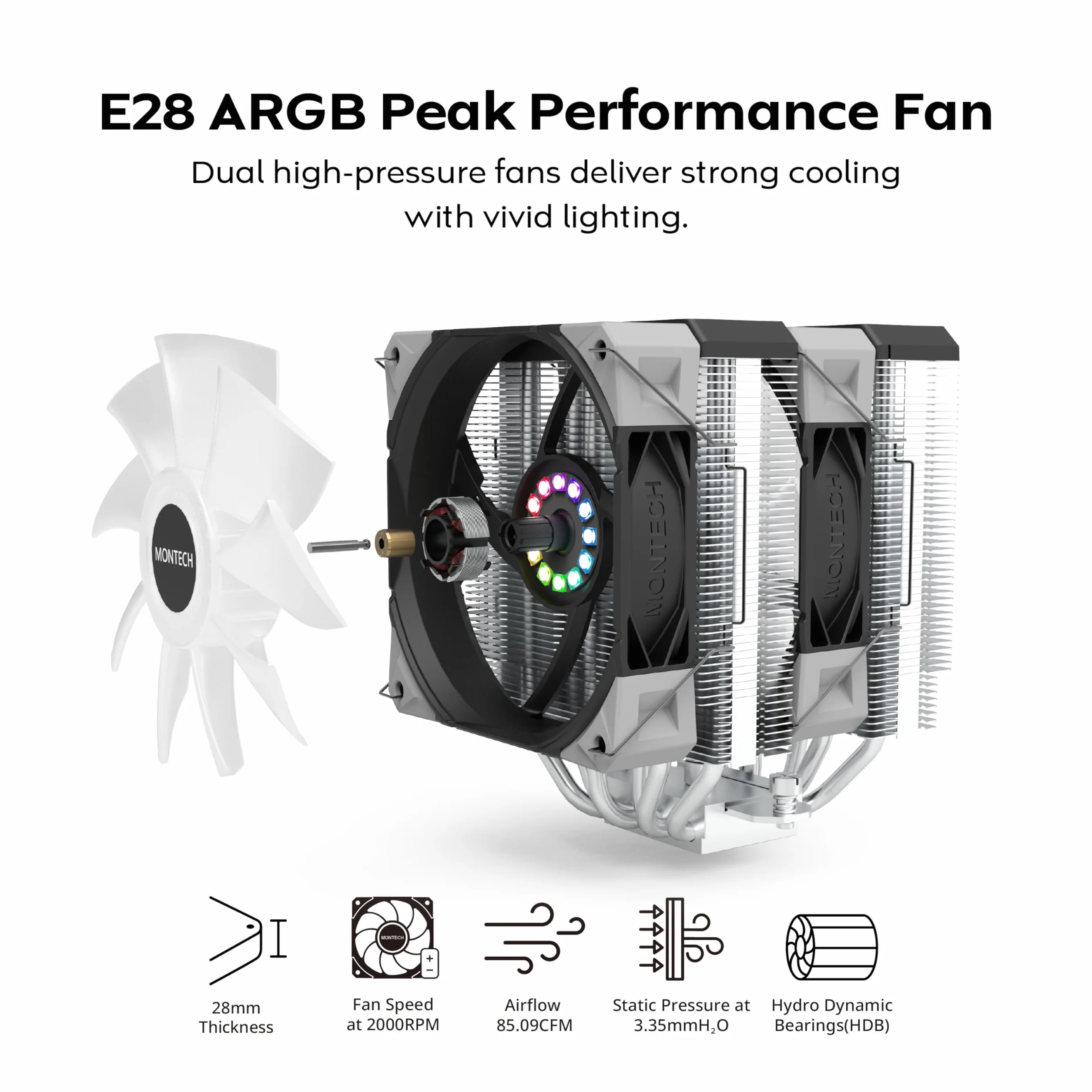 MONTECH NX600 ARGB Dual-Tower chłodziarka powietrza procesora z 6 rurami grzewczymi i górną pokrywą premium, wentylator premium 28 mm E28 ARGB, lutowana miedziana podstawa, doskonałe rozpraszanie