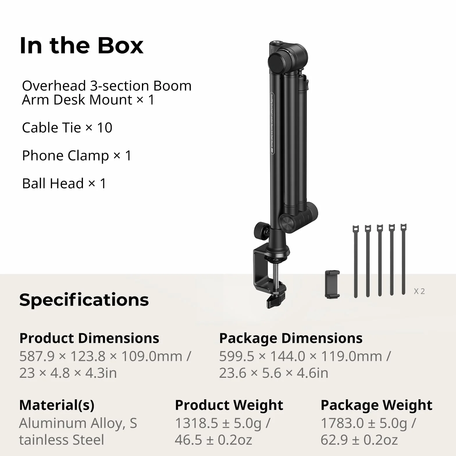 SMALLRIG Overhead 3-Section Desktop Camera Bracket, Tłumiący Uchwyt na Biurko z Głowicą Kulową Obracaną o 360°, Zacisk Stołowy C, Maksymalne Obciążenie do 4,4 Funta / 2kg do Fotografii - 4324