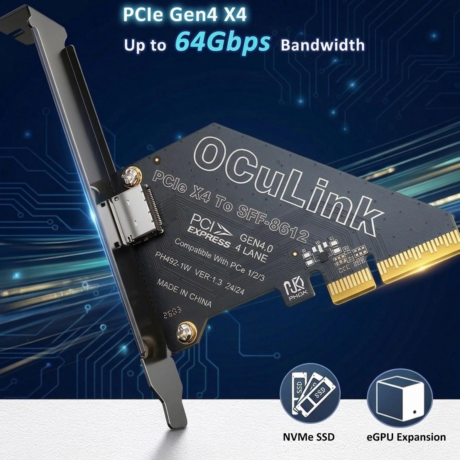 Adapter PCIe 4.0 x4 na OCuLink, SFF-8612 64 Gb/s karta rozszerzeń PCI Express Gen4 do stacji dokującej eGPU, U.2 NVMe SSD, mini PC i pamięci masowej serwera NAS