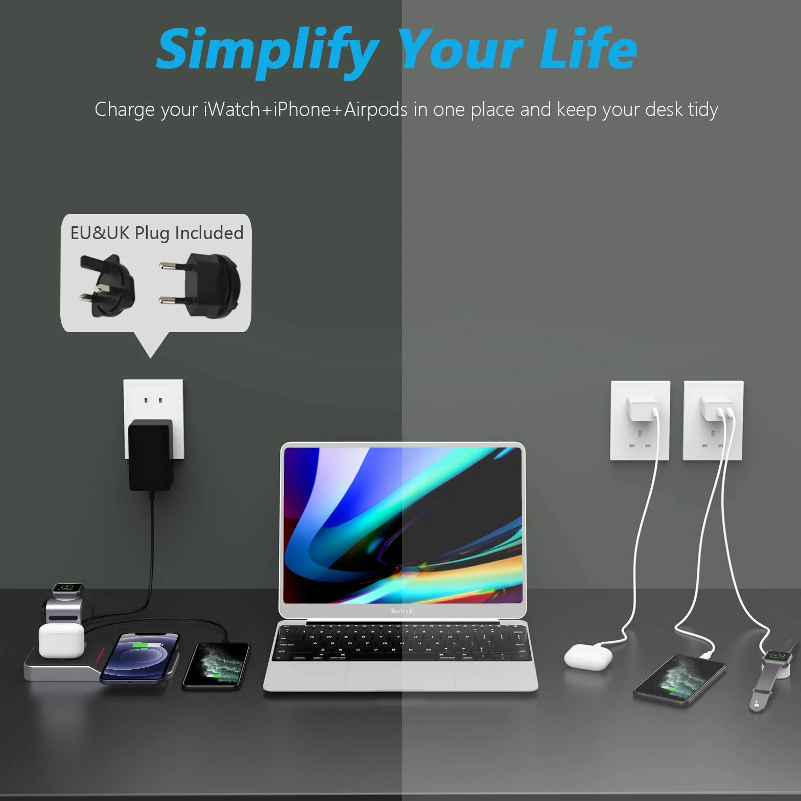 Mangotek Zamiennik do bezprzewodowej stacji ładującej iPhone Apple Watch i AirPods, bezprzewodowa ładowarka 3 w 1, podstawka do szybkiego ładowania Qi, stacja dokująca do iPhone 13/12 Pro Max/11/SE/XS