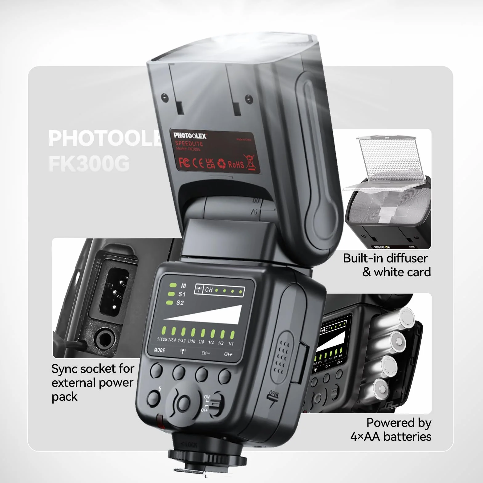PHOTOOLEX FK300G Lampa błyskowa Speedlite GN33 z wyzwalaczem | Uniwersalna stopka do butów Canon, Nikon, Sony, Fuji. Bezprzewodowe 2,4 G, 8 poziomów mocy, tryby M/S1/S2