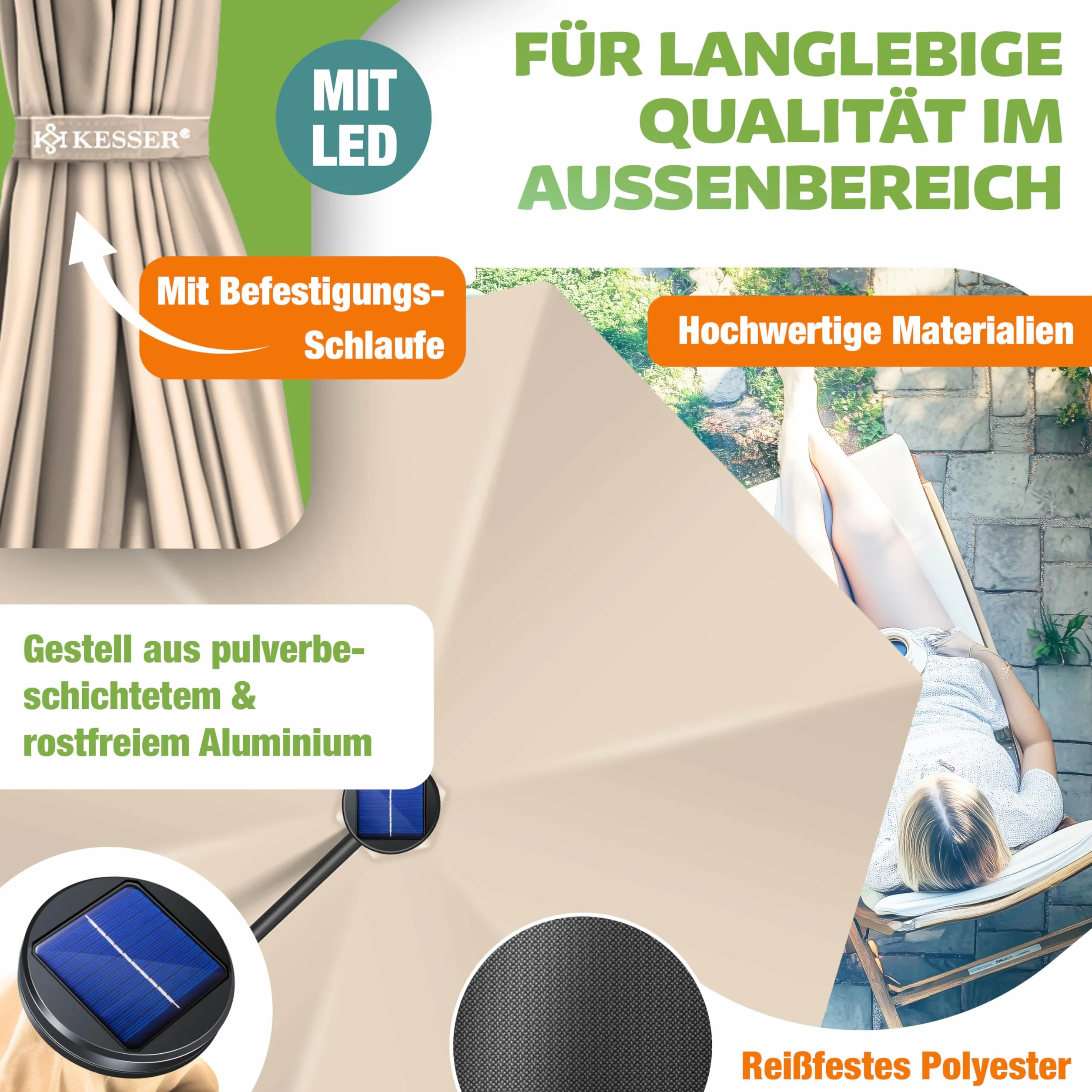 KESSER® Aluminiowy parasol przeciwsłoneczny LED solarny z pokrywą, pilot zdalnego sterowania i korbą, parasol korbowy ze stojakiem, funkcja 360°, ochrona przed promieniowaniem UV, aluminium, odporny