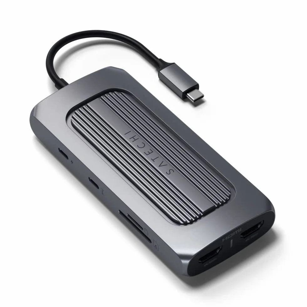 SATECHI hub USB-C MX 9 w 1 z dwoma wyjściami HDMI | PD 100 W, USB-A/USB-C, Gigabit Ethernet, do MacBooka i komputerów z Windows, port USB-C do transmisji danych