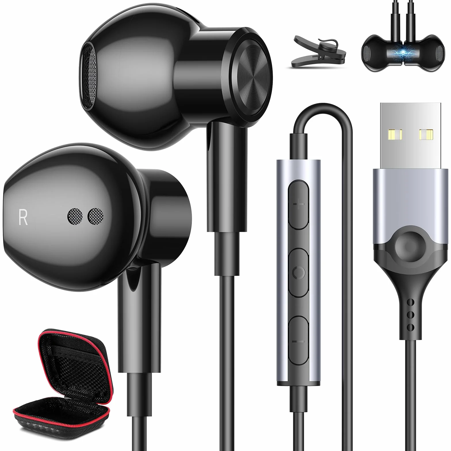 Słuchawki USB do komputera, laptopa, magnetyczne, przewodowe, 2,3 m, zestaw słuchawkowy do komputera z mikrofonem, wyciszenie, izolacja szumów, przewód w uchu, słuchawki gamingowe do MacBooka