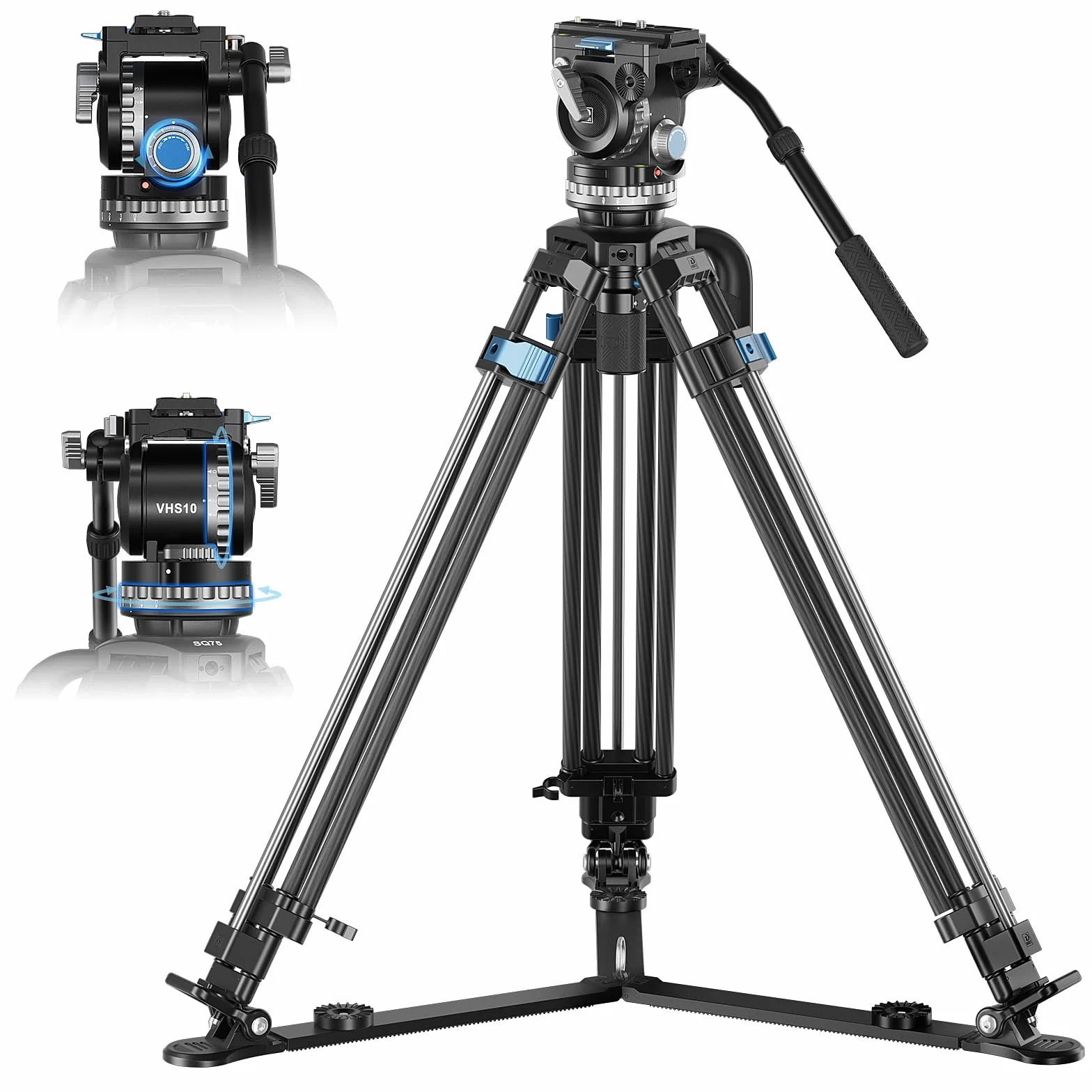 SIRUI SQ75+VHS10 Zestaw statywów wideo z włókna węglowego, statyw wideo 182 cm z 7-stopniową przeciwwagą, 4-stopniowa hydrauliczna amortyzacja obrotu/pochylenia, maksymalne obciążenie 10 kg