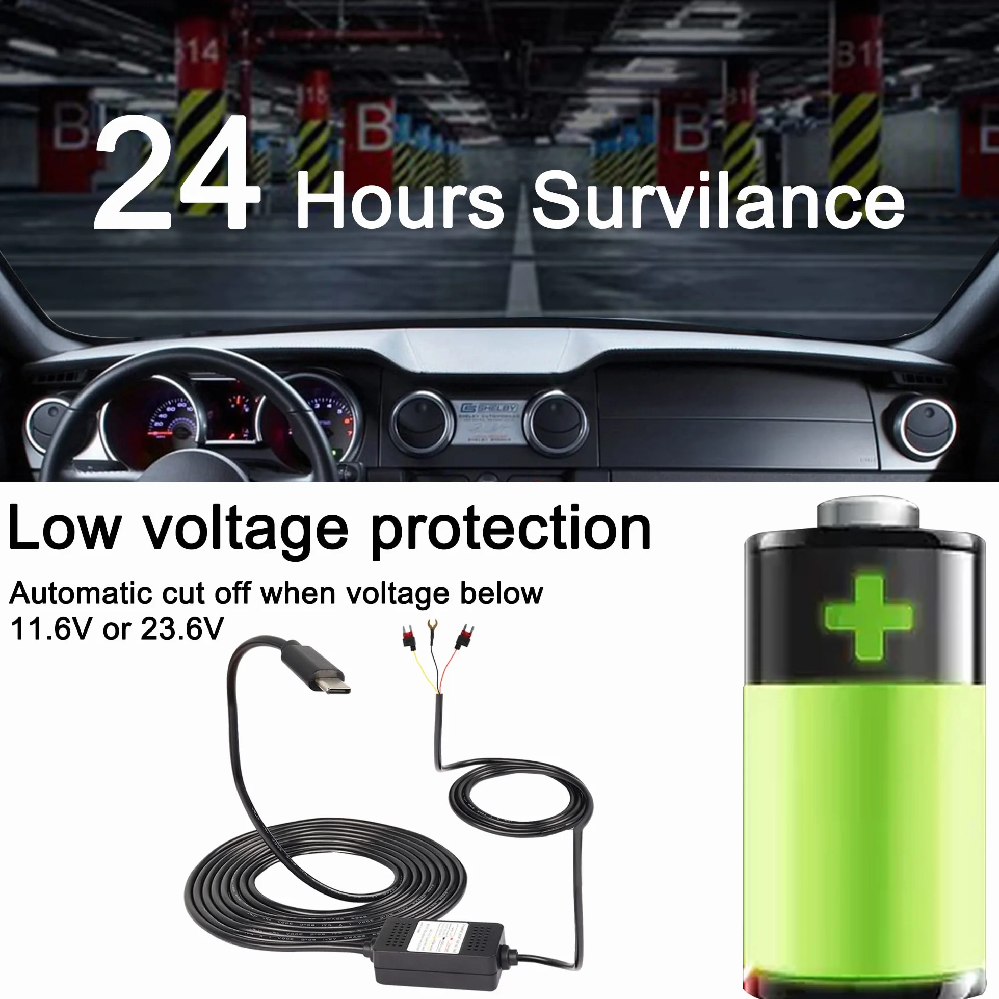 MEIRIYFA Zestaw kamery samochodowej ACC Hardwire, USB typu C Hardwire Dashcam Kit Step-Down kabel, 12 V-24 V do DC 5 V 3 A przewód zasilający ładowarki samochodowej - 3,5 m