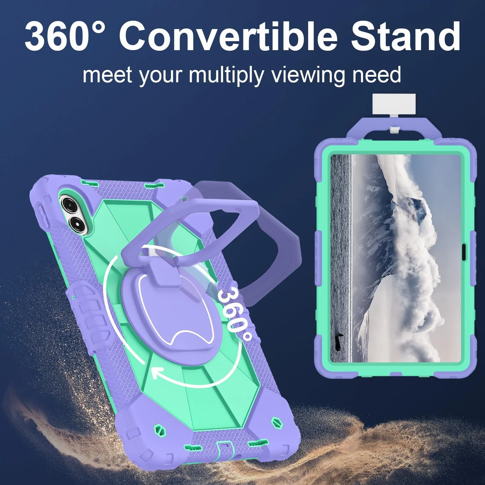 Etui na tablet kompatybilne z Redmi Pad 2 Pro 30.7 cm 2025 wytrzymałe, odporne na wstrząsy etui ochronne w 360 obrotowa podpórka + pasek na rękę + pasek na ramię (fioletowy + miętowy zielony)