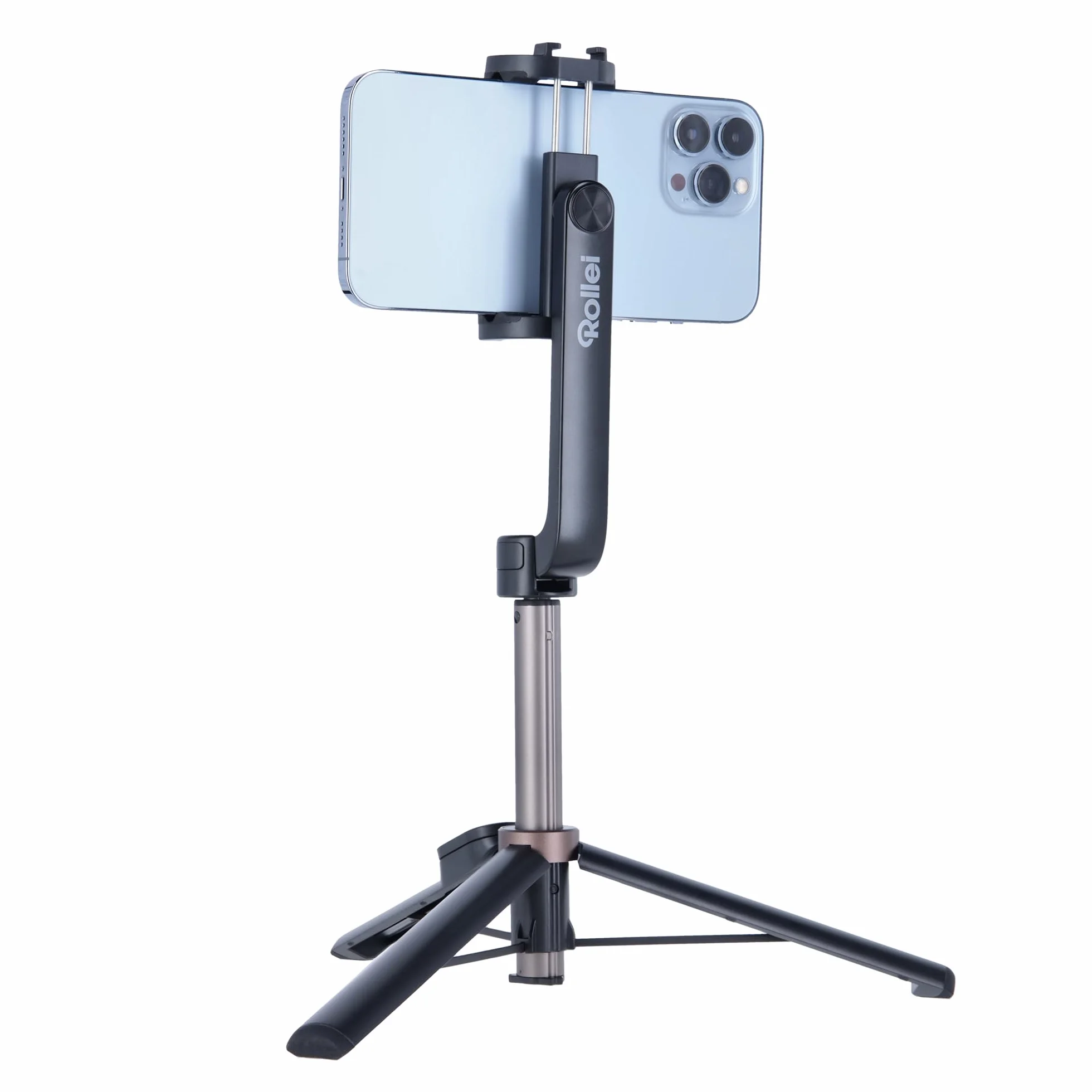 Rollei Smartfon Selfie Tripod: mini statyw ze zdalnym wyzwalaczem, regulacja wysokości do 65,6 cm. 3 w 1: statyw, kijek do selfie. Bluetooth, kompaktowy i stabilny, idealny w podróży! (uchwyt