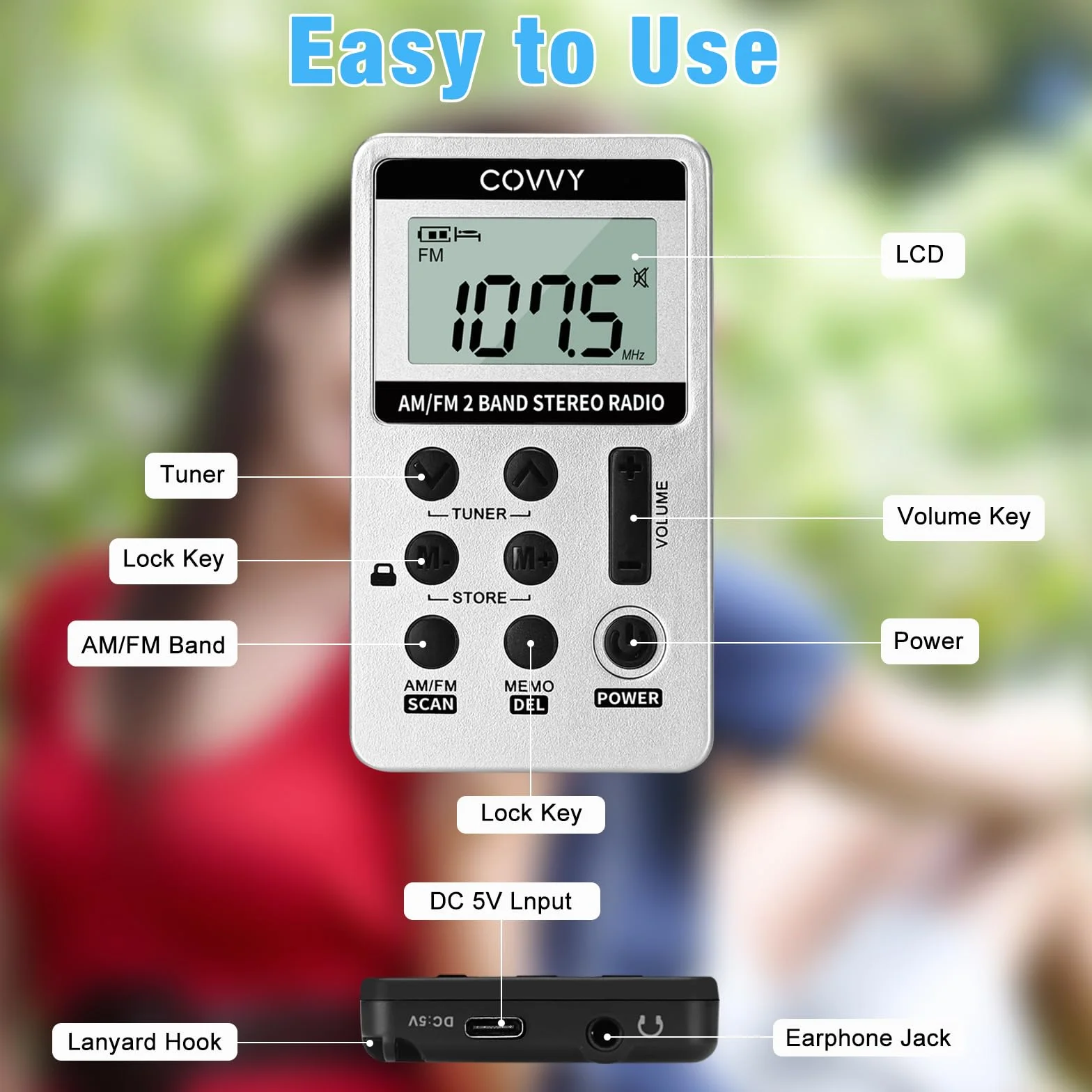 Małe przenośne radio, mini kieszonkowe radio kieszonkowe Am/FM 2 pasma radia stereo DSP cyfrowy odbiornik tuningowy z wyświetlaczem LCD USB do ładowania i słuchawką do chodzenia biały