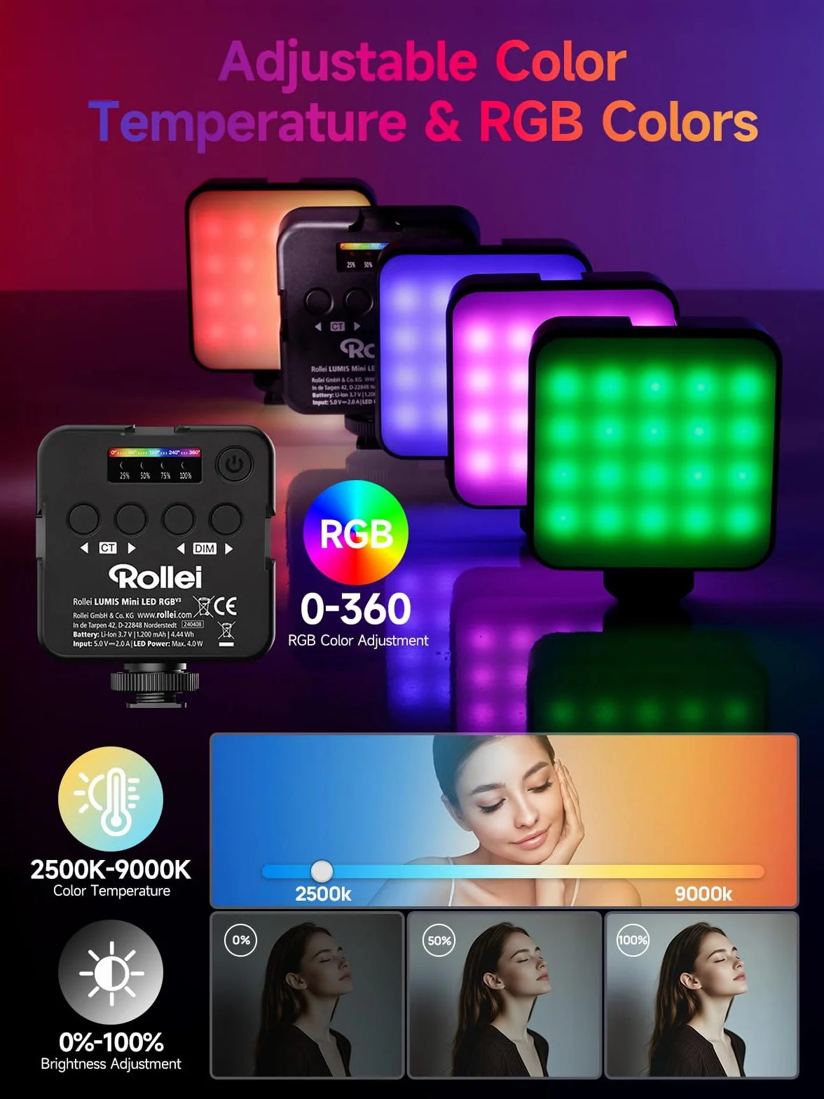 Rollei Lumis Mini RGB-Color światło ciągłe LED, lampa wideo z 60 diodami LED, 2500-9000 K, 6 W, 200 luksów (0,5 m przy 5500 K) | te Led Camera CRI 95+, wbudowany akumulator i ładowanie typu C